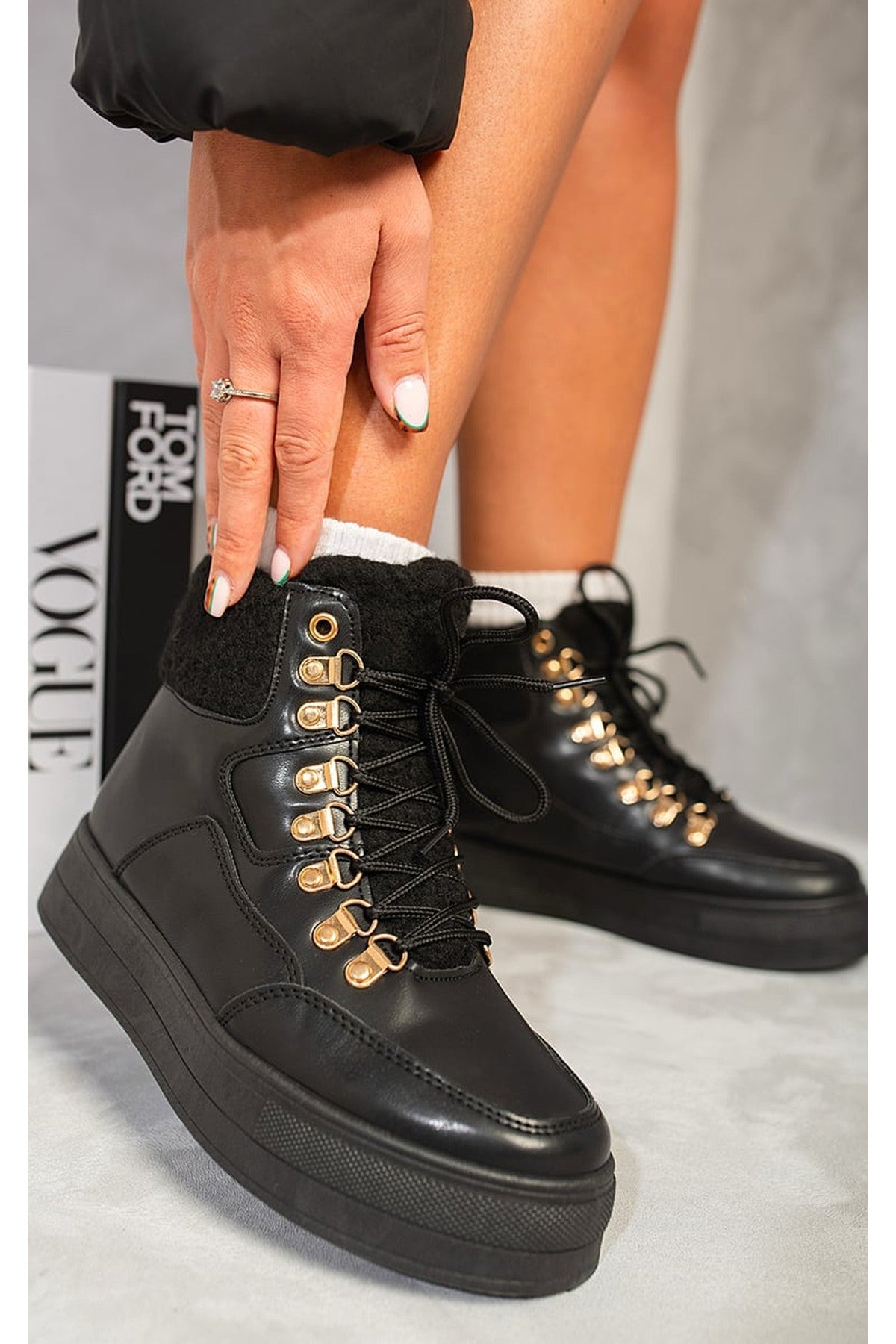 Jillian Leather Lace Up Front Platform Boots - Black