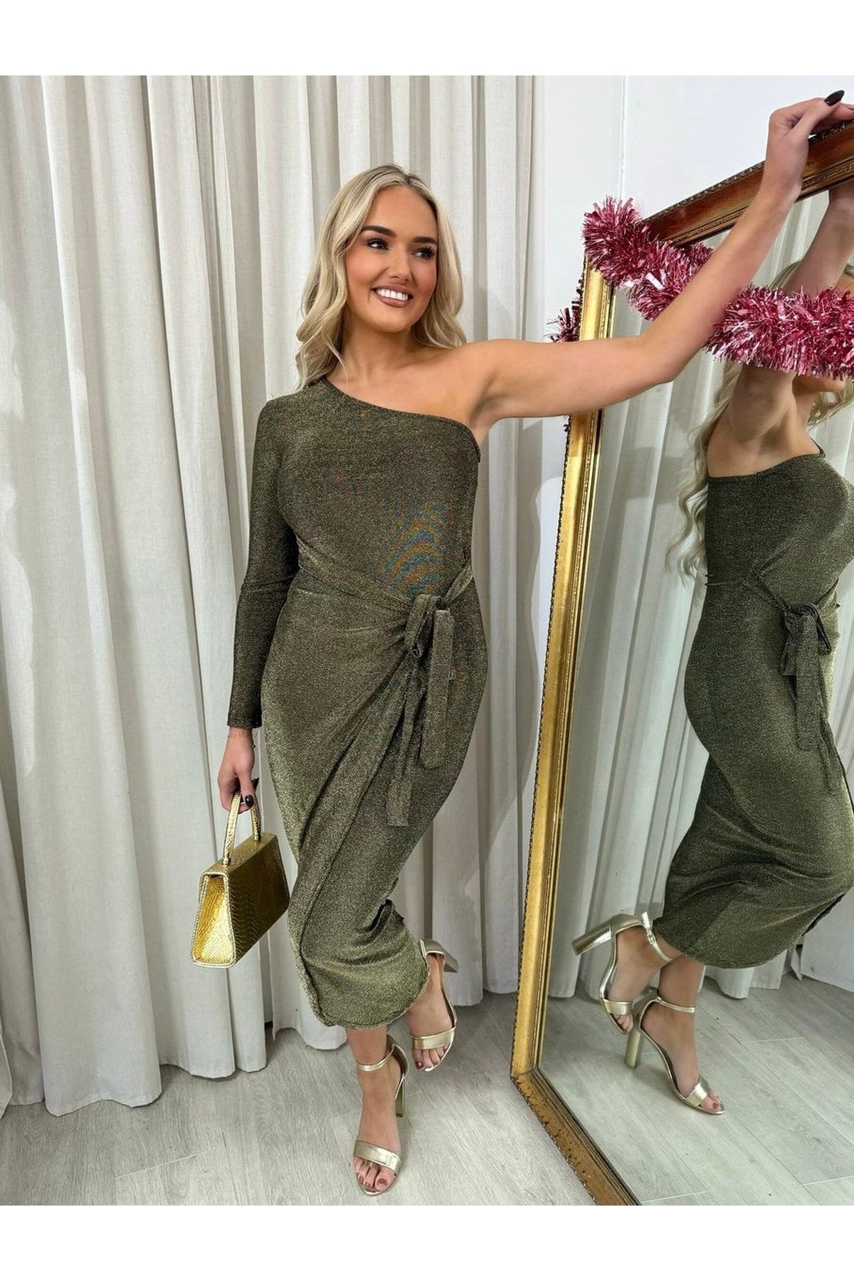Jodie One Shoulder Wrap Front Glitter Midi Dress - Gold