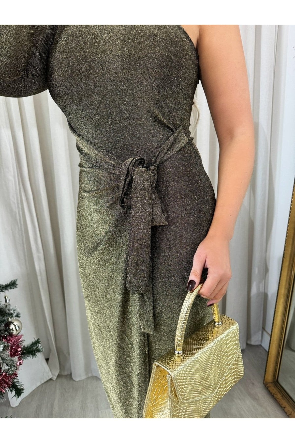 Jodie One Shoulder Wrap Front Glitter Midi Dress - Gold
