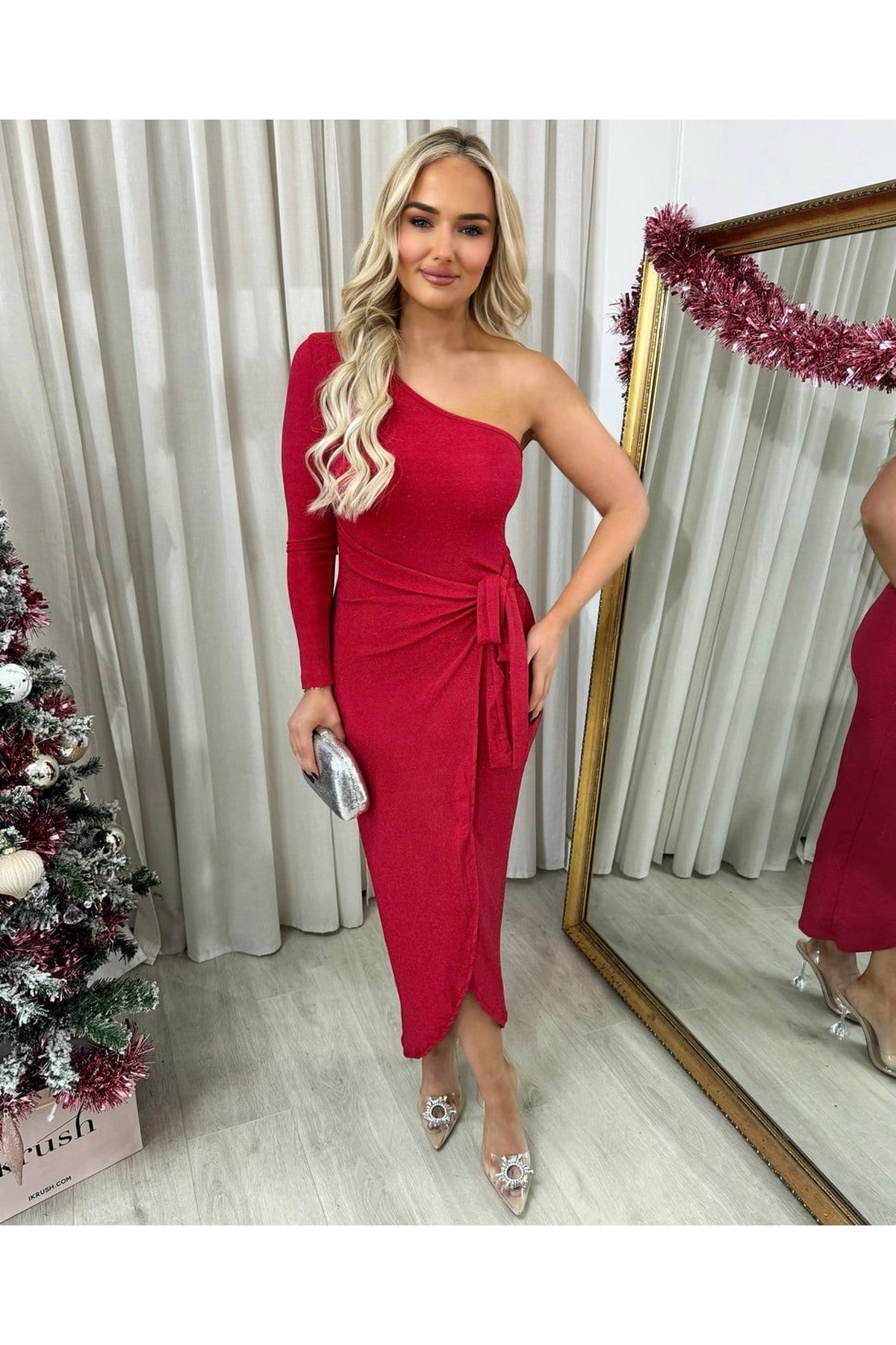 Jodie One Shoulder Wrap Front Glitter Midi Dress - Red