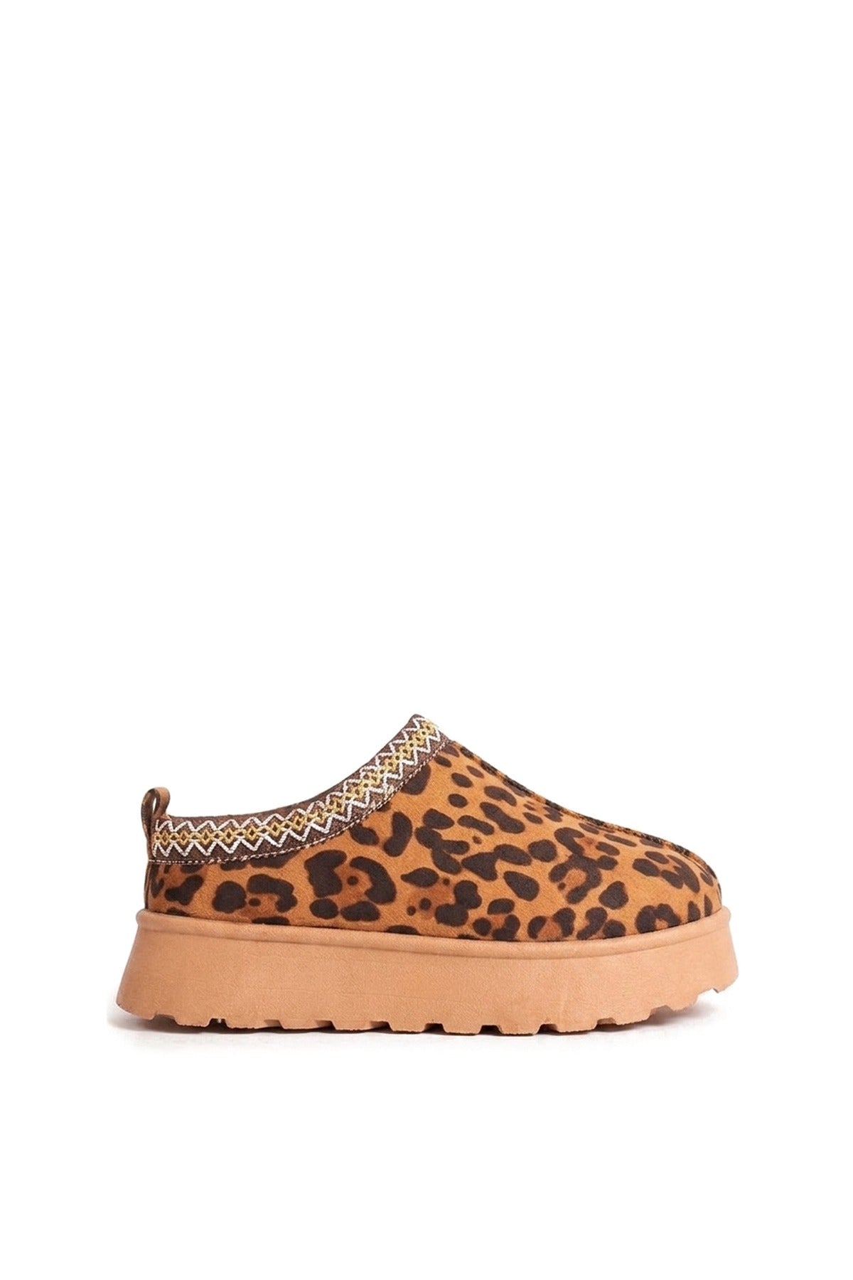 Jolene Aztec Detail Low Ankle Platform Slipper Boots - Leopard