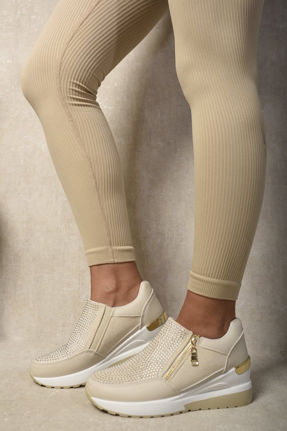 Judith Rhinestone Decor Zip Platform Trainers - Beige