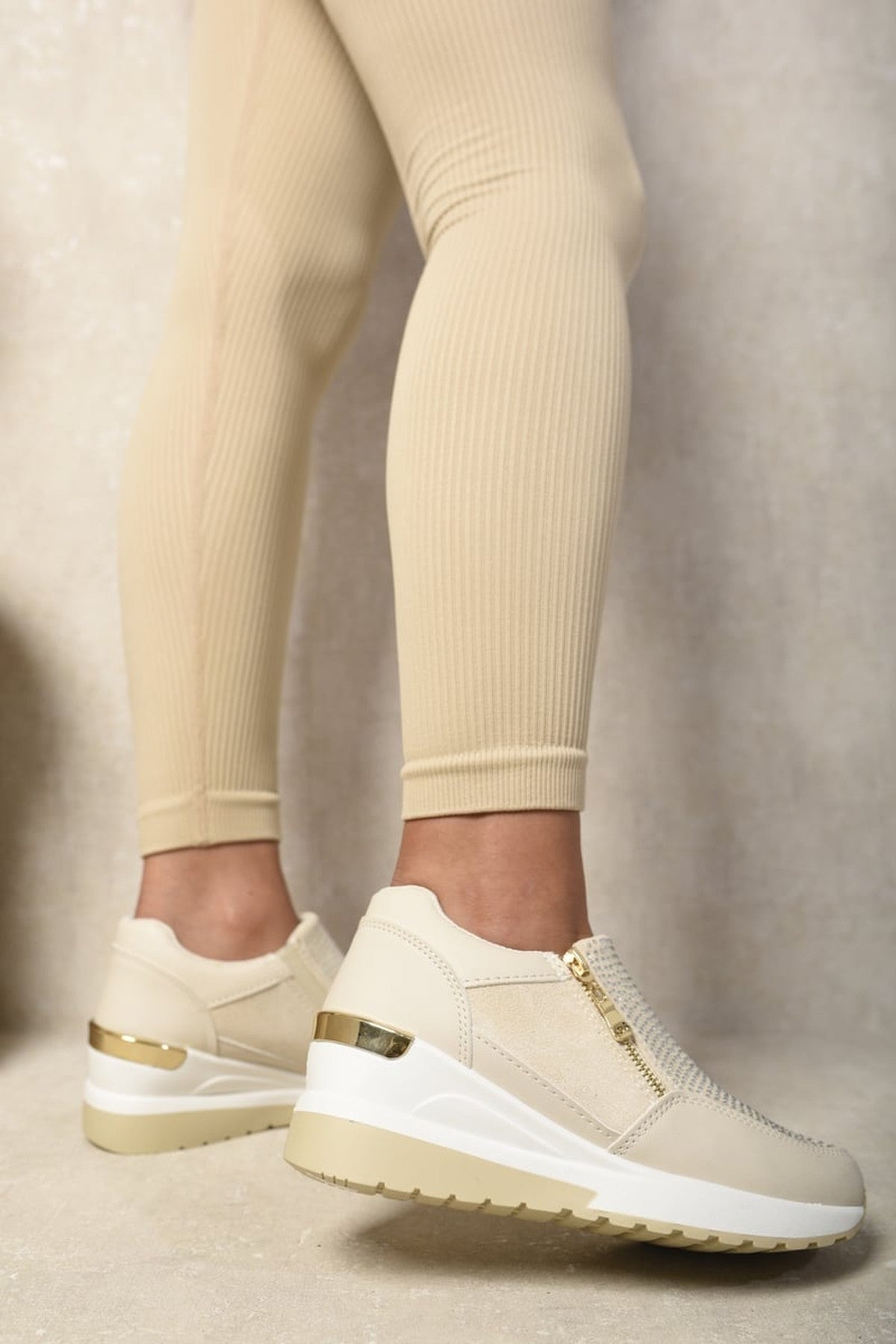Judith Rhinestone Decor Zip Platform Trainers - Beige