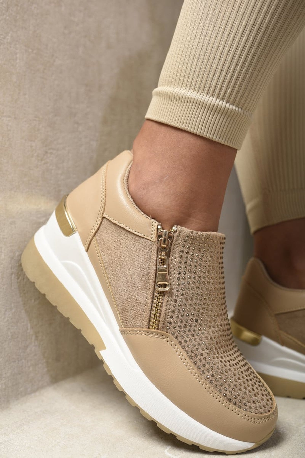 Judith Rhinestone Decor Zip Platform Trainers - Khaki