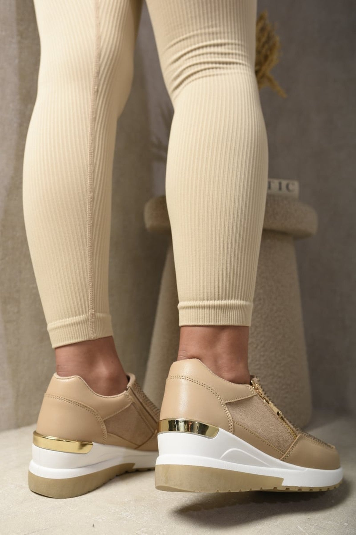 Judith Rhinestone Decor Zip Platform Trainers - Khaki