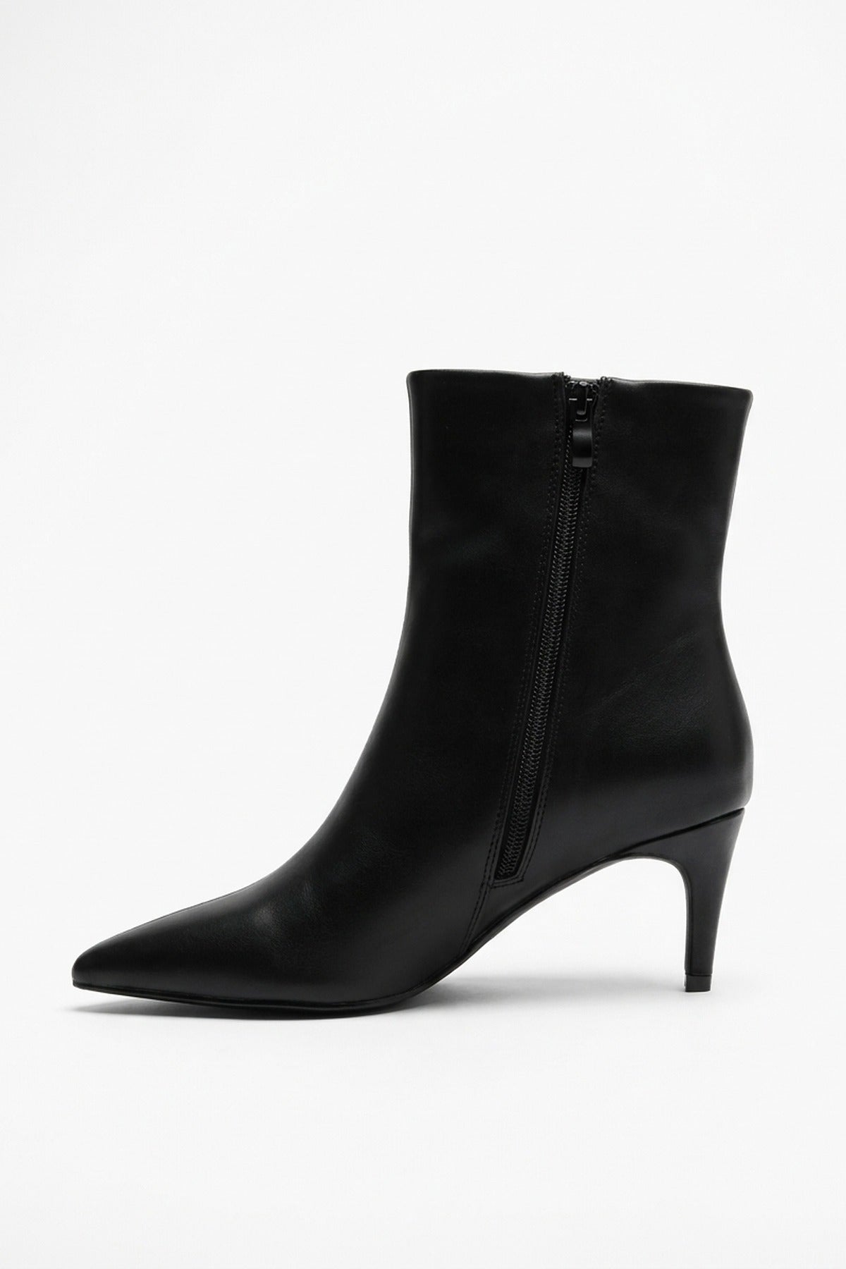 Svetlana Faux Leather Pointed Toe Kitten Heel Ankle Boots - Black