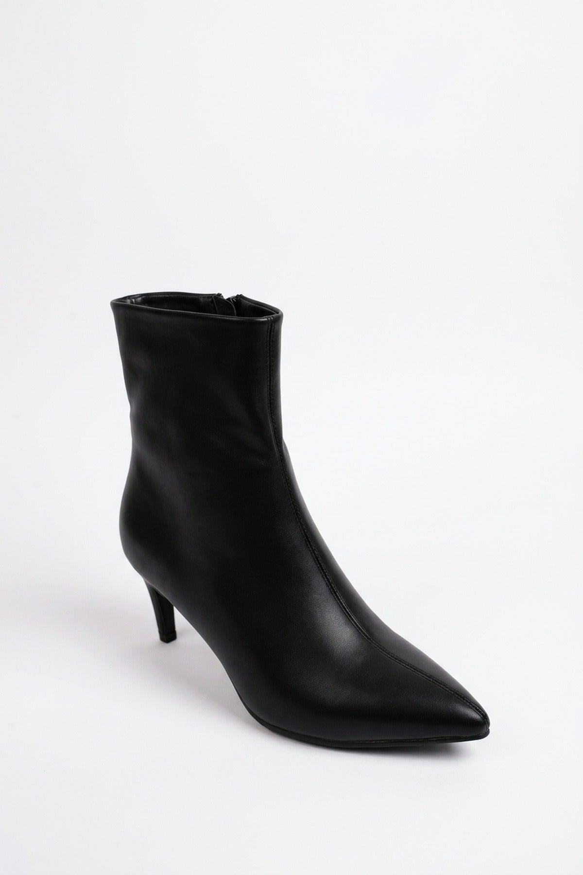 Svetlana Faux Leather Pointed Toe Kitten Heel Ankle Boots - Black