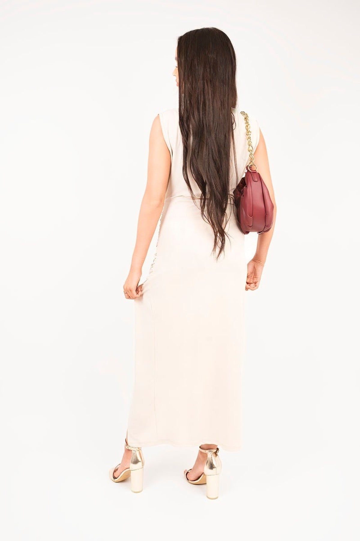 Kaida Sleeveless Drape Ring Detail Split Midi Dress - Beige