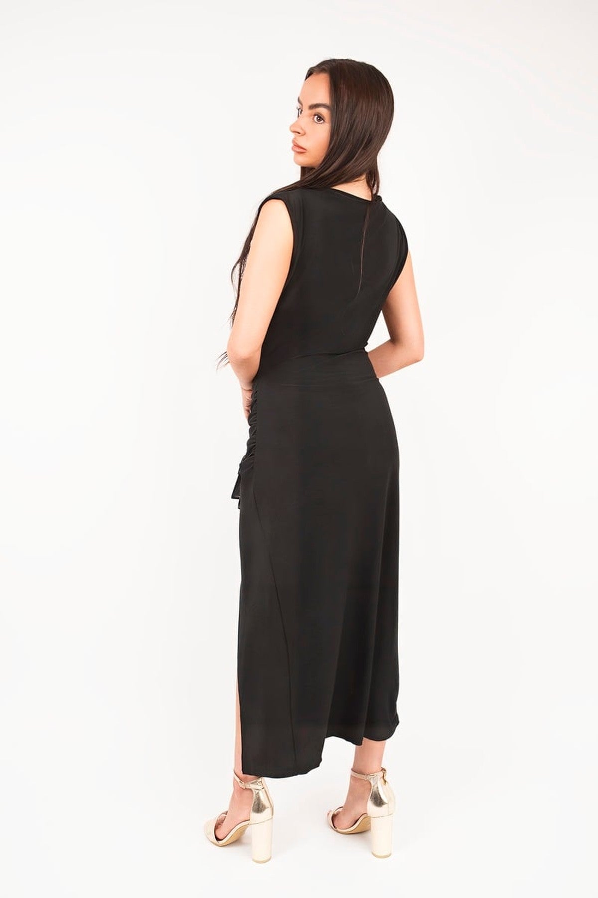 Kaida Sleeveless Drape Ring Detail Split Midi Dress - Black