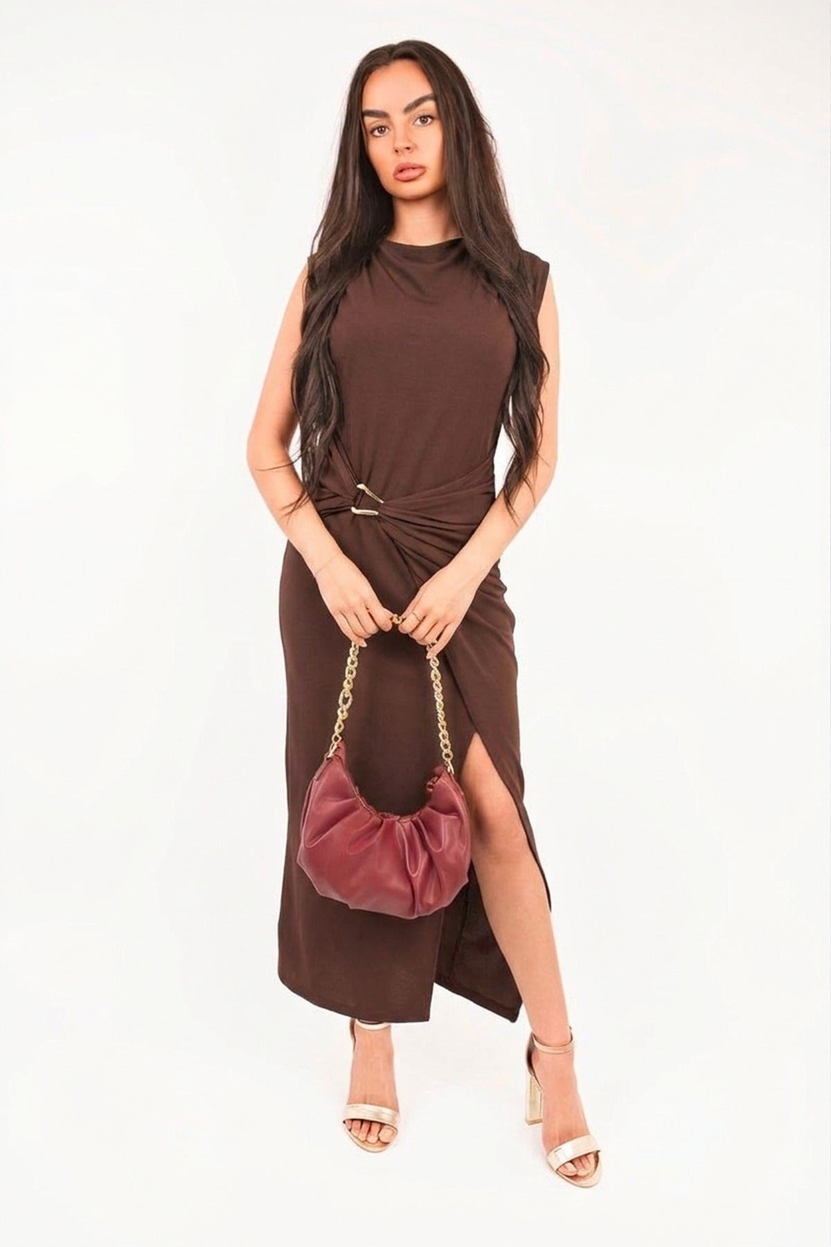Kaida Sleeveless Drape Ring Detail Split Midi Dress - Chocolate