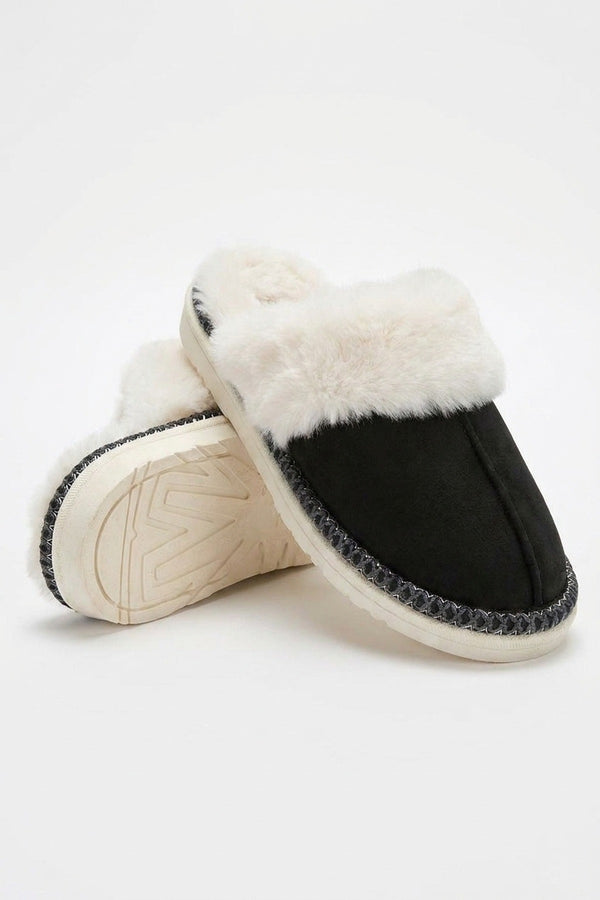 Kalia Faux Fur Lined Slip-on Flat Slippers - Black