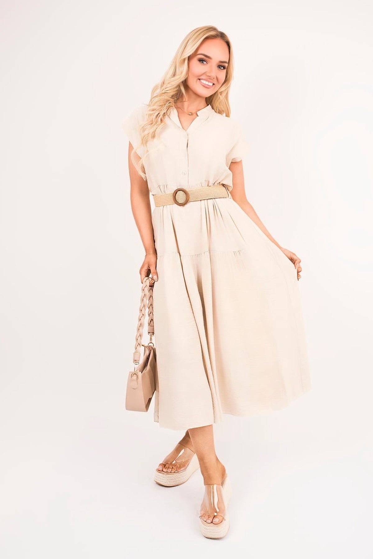Kareen V Neck Short Sleeve Tiered Midi Dress With Belt - Beige