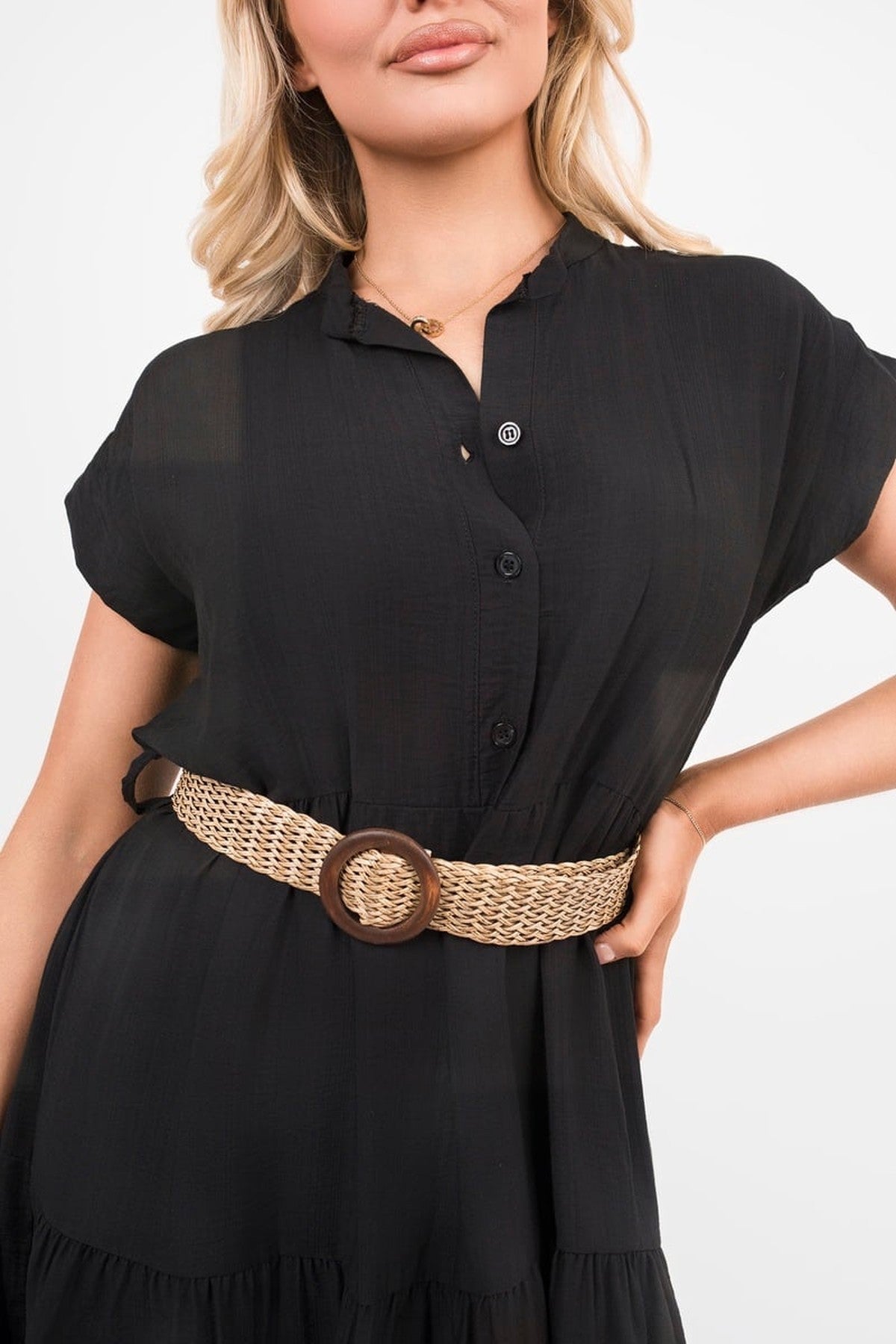 Kareen V Neck Short Sleeve Tiered Midi Dress With Belt - Black