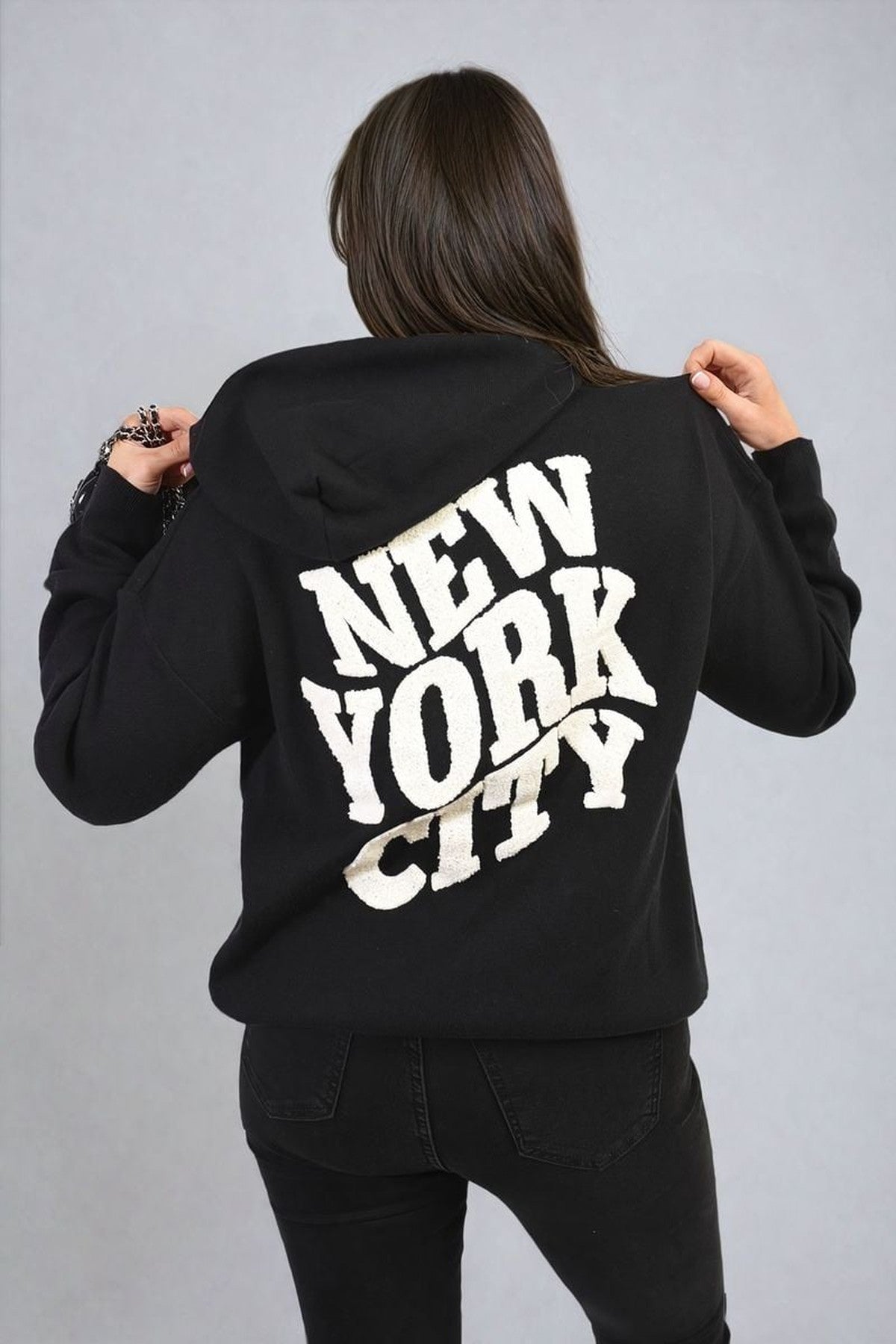 Karen New York City Print Knitted Hoodie - Black