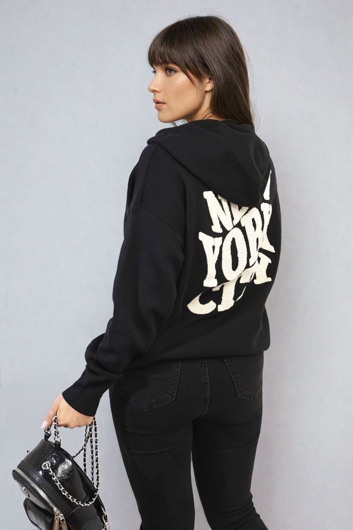 Karen New York City Print Knitted Hoodie - Black