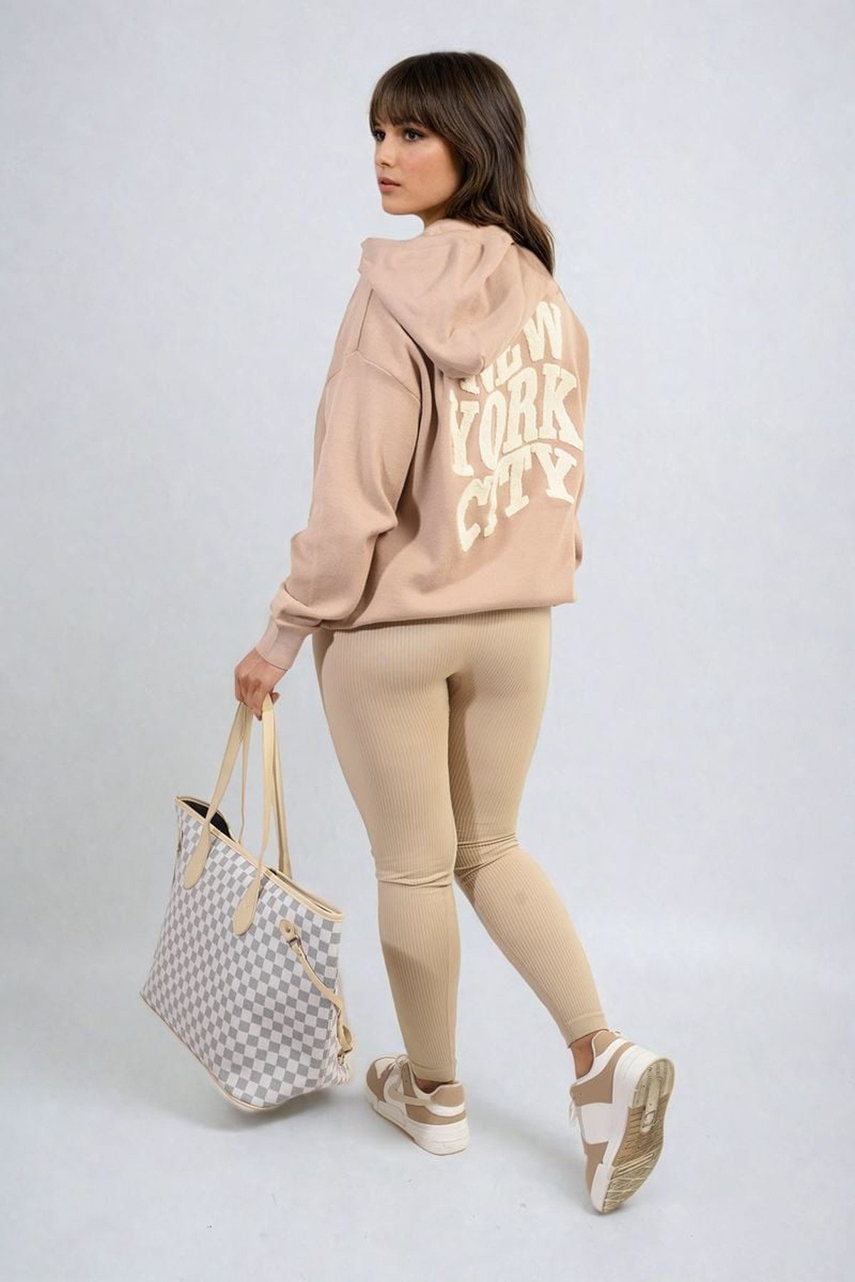 Karen New York City Print Knitted Hoodie - Camel