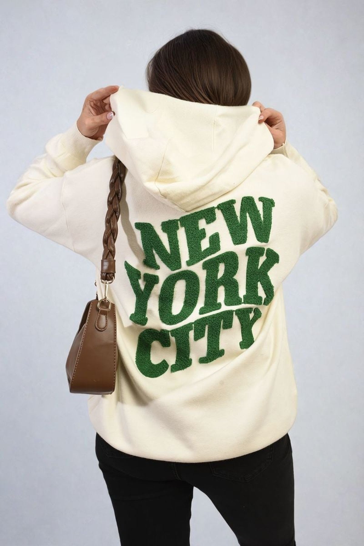 Karen New York City Print Knitted Hoodie - Cream