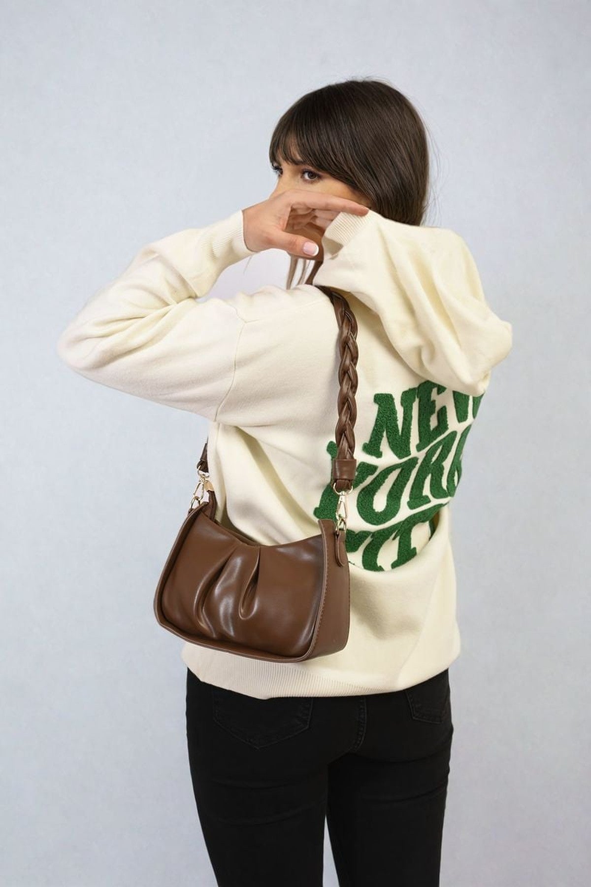 Karen New York City Print Knitted Hoodie - Cream