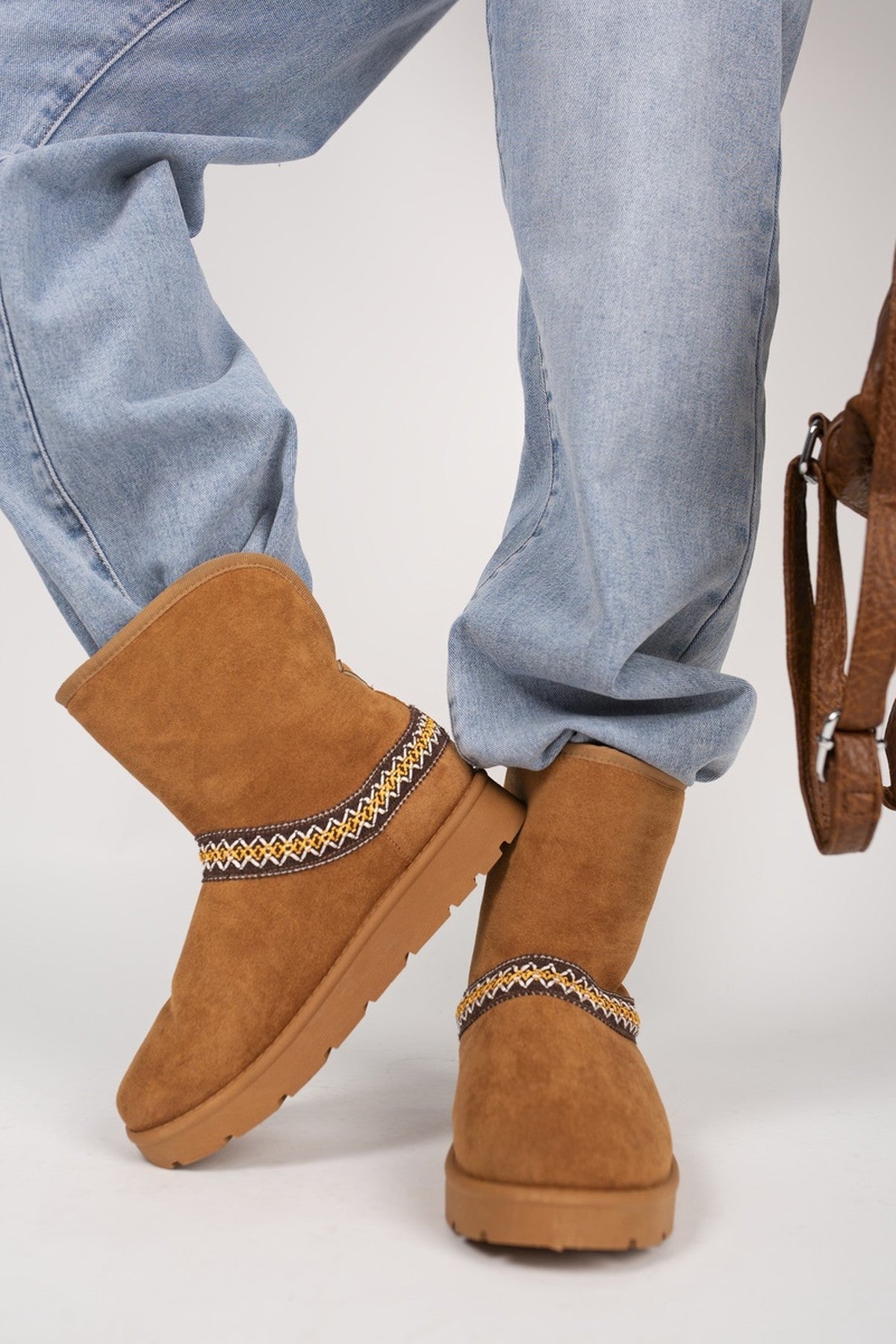 Karsie Suedette Embroidered Flat Ankle Boots - Chestnut