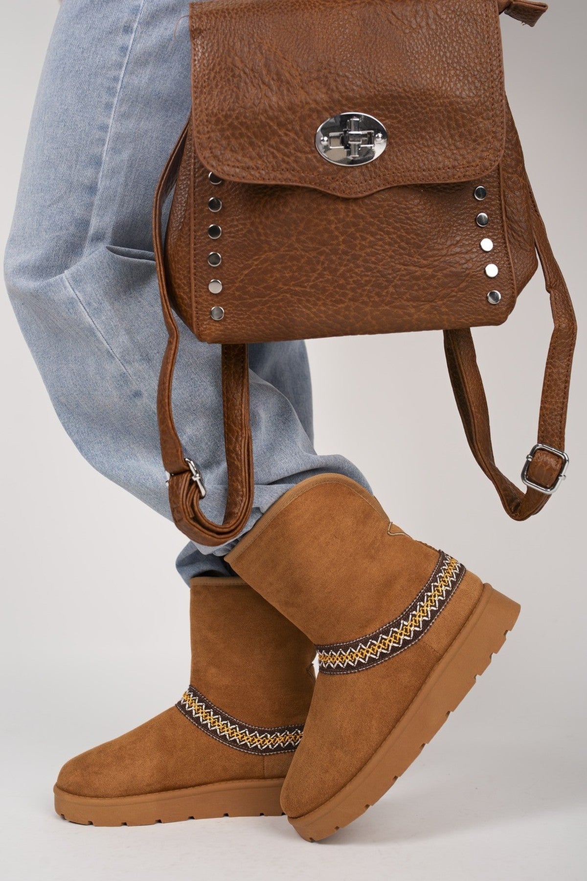 Karsie Suedette Embroidered Flat Ankle Boots - Chestnut