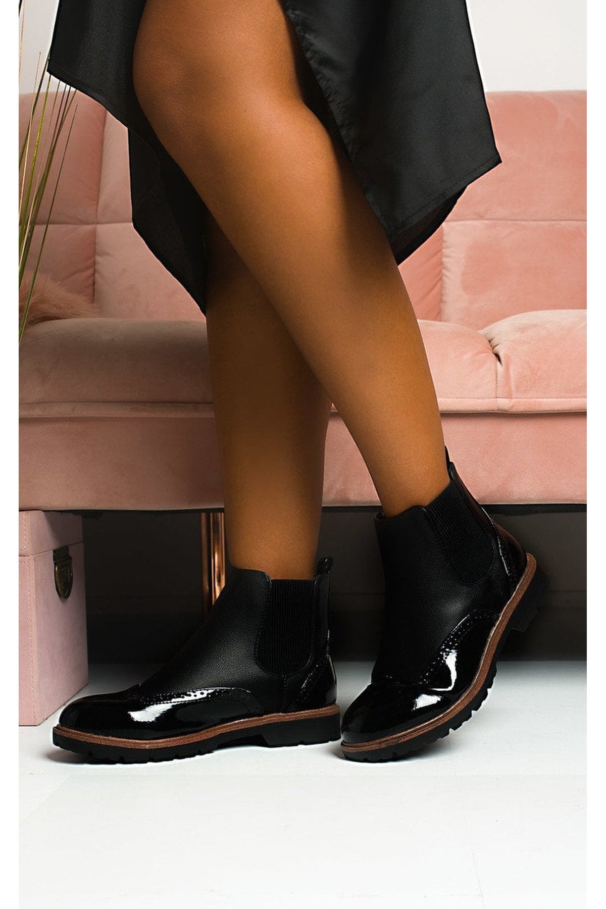 Kensie Faux Leather Brogue Chelsea Boots - Black