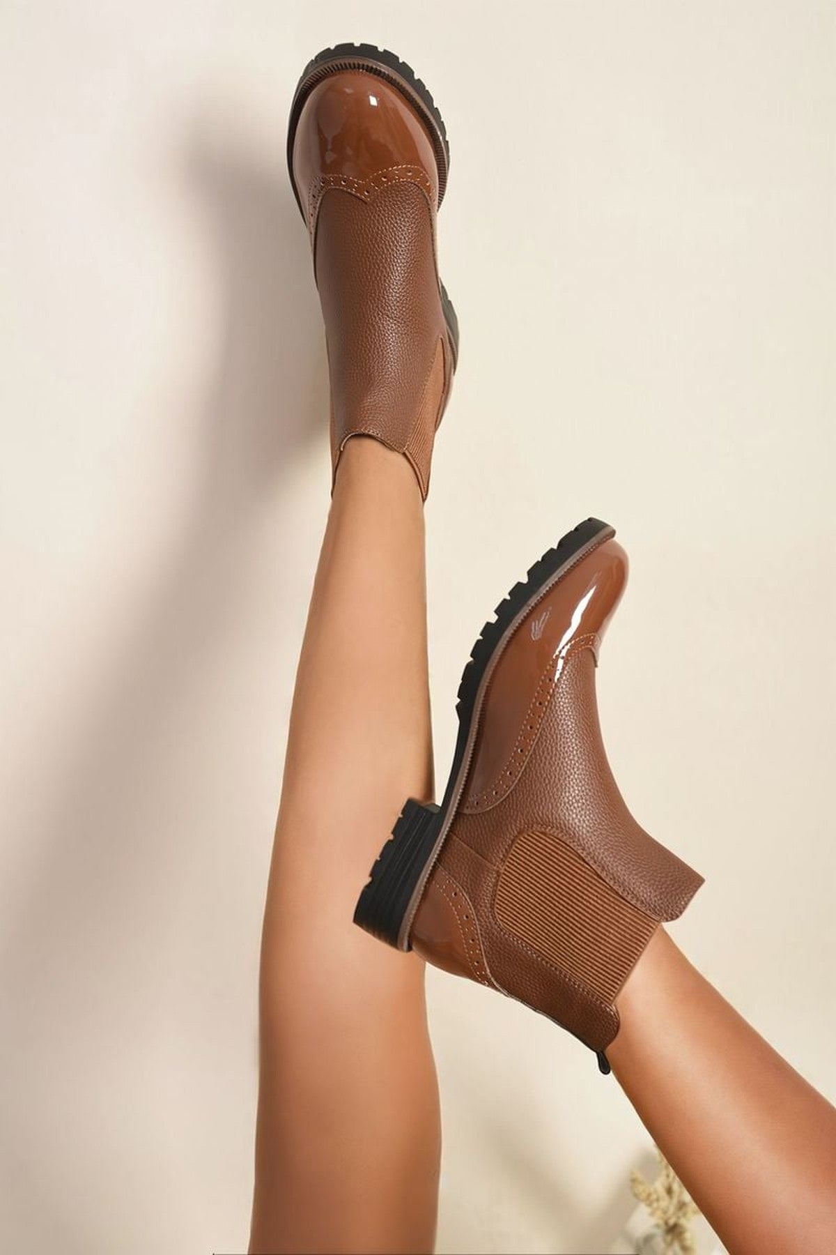 Kensie Faux Leather Brogue Chelsea Boots - Camel