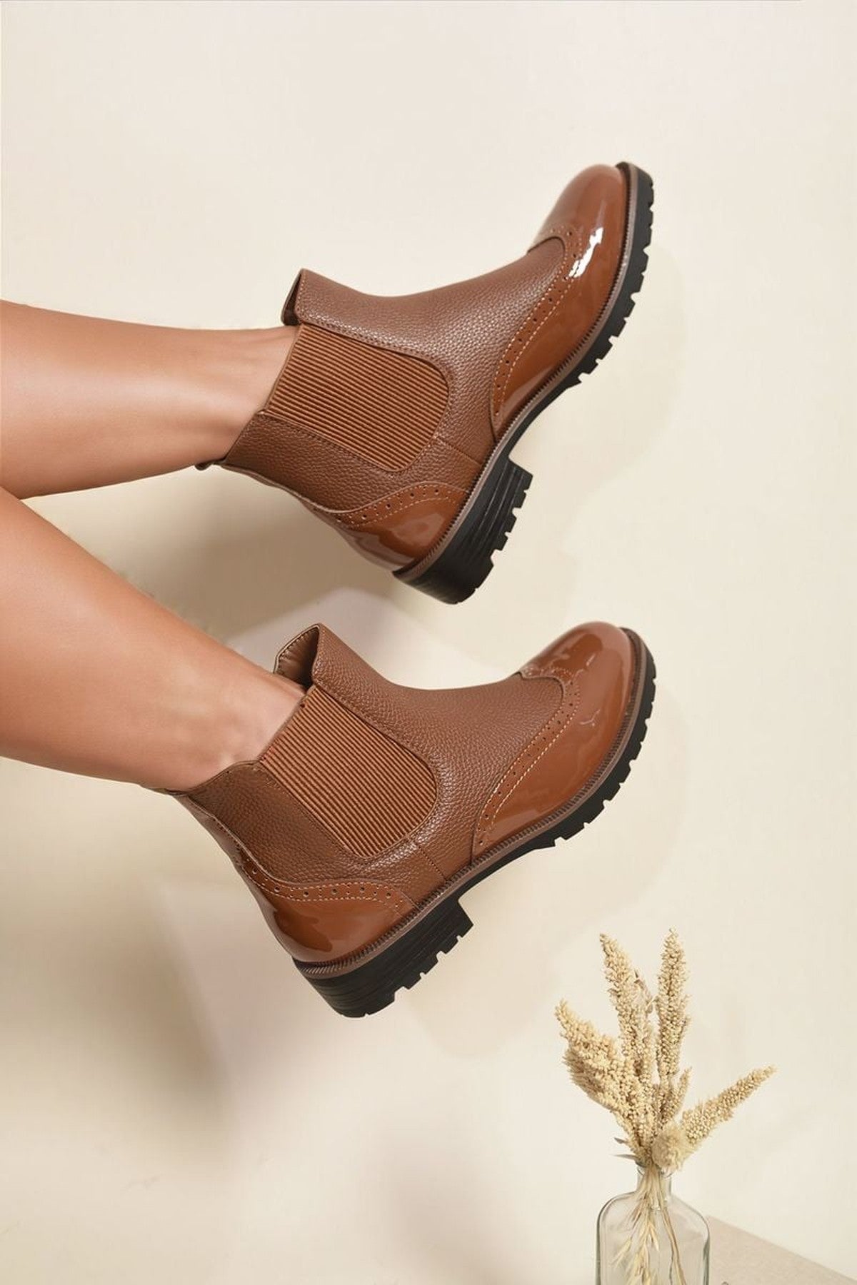 Kensie Faux Leather Brogue Chelsea Boots - Camel