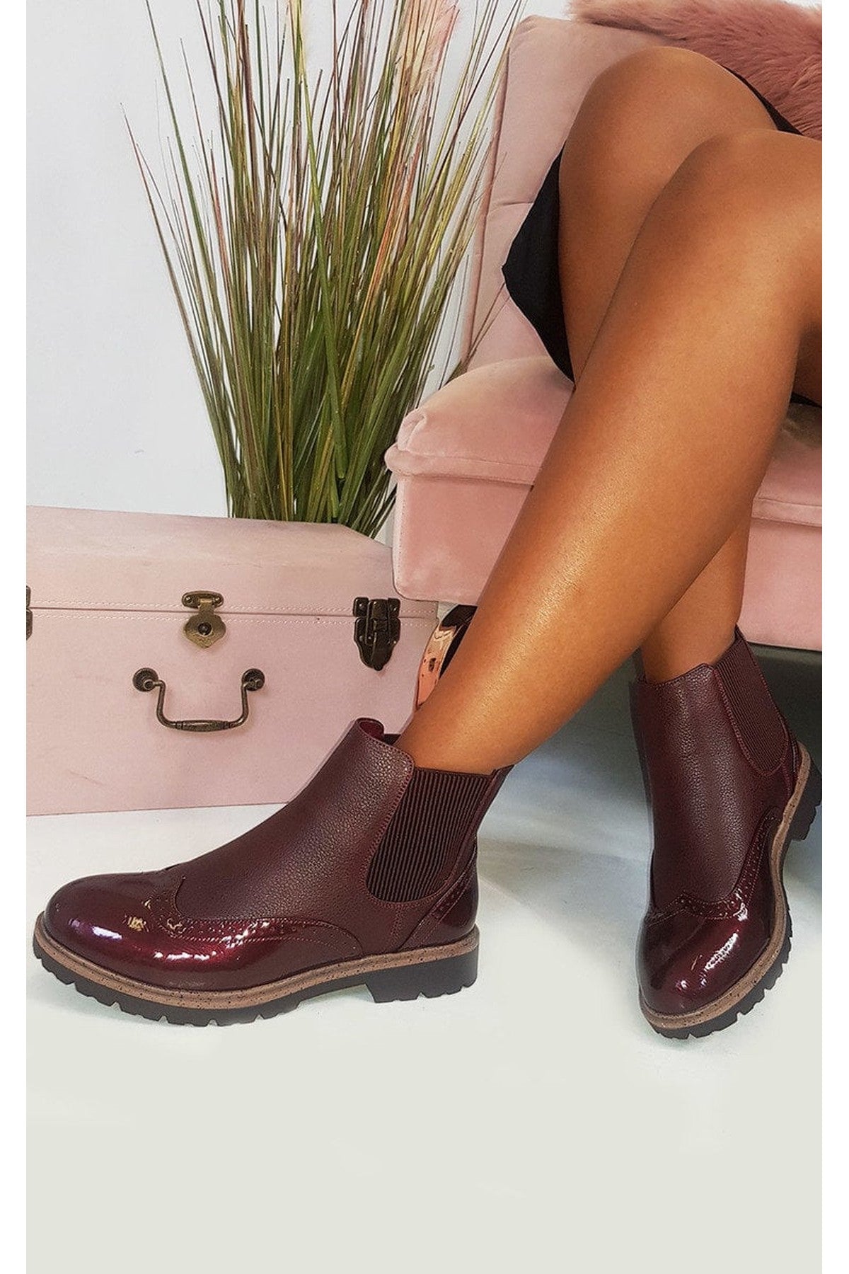 Kensie Faux Leather Brogue Chelsea Boots - Wine