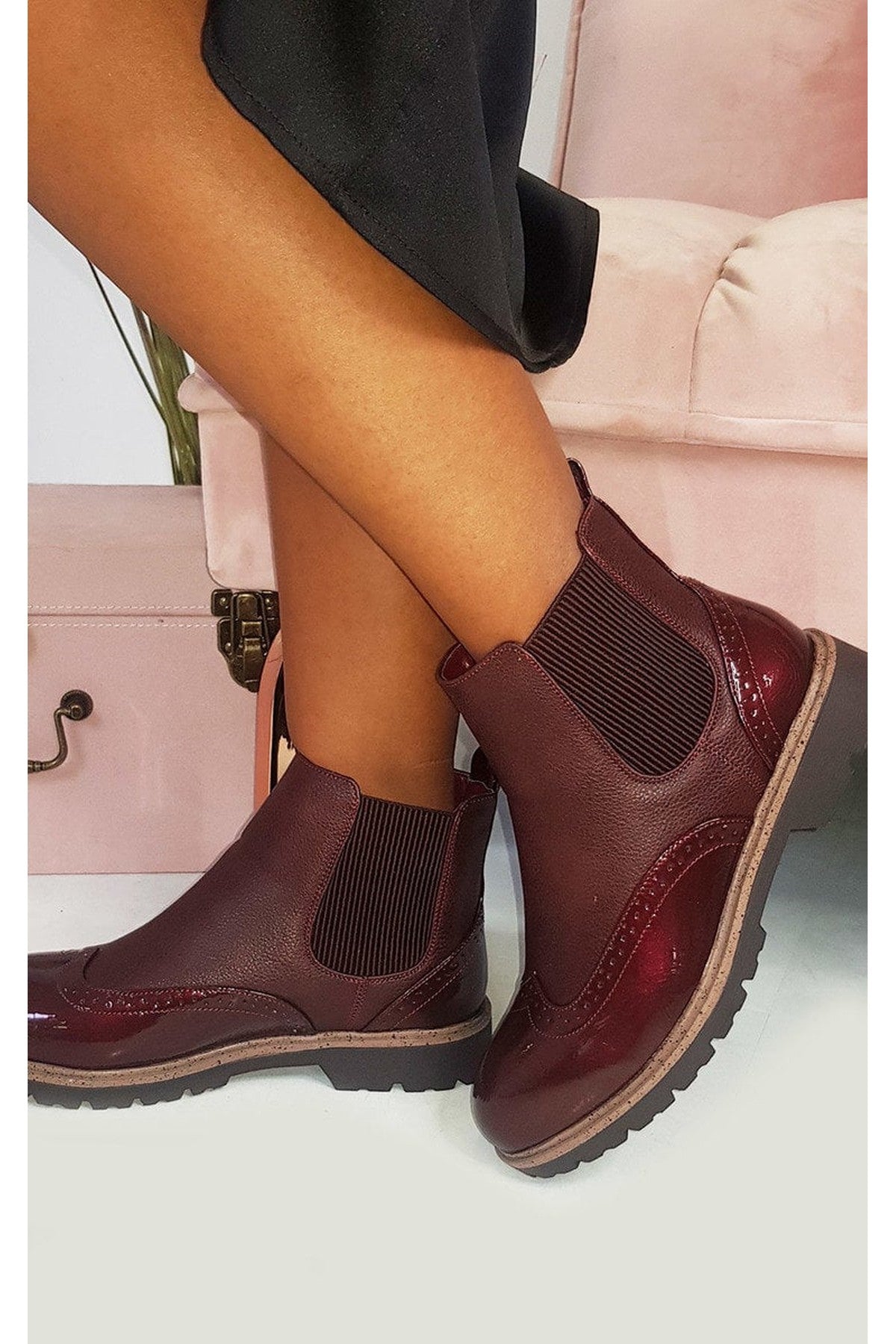 Kensie Faux Leather Brogue Chelsea Boots - Wine