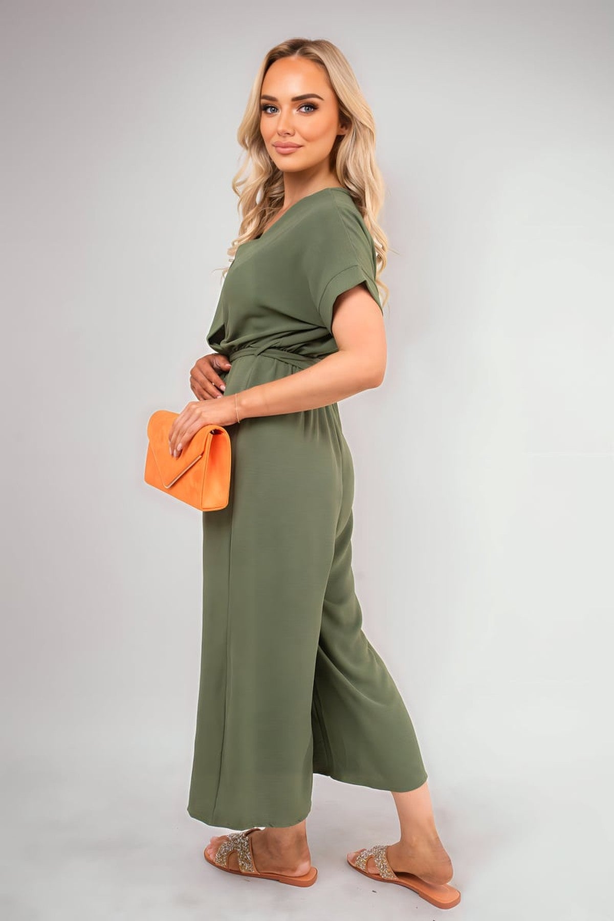 Nerina Wrap Short Sleeve Wide Leg Jumpsuit With Tie Waist - Khaki