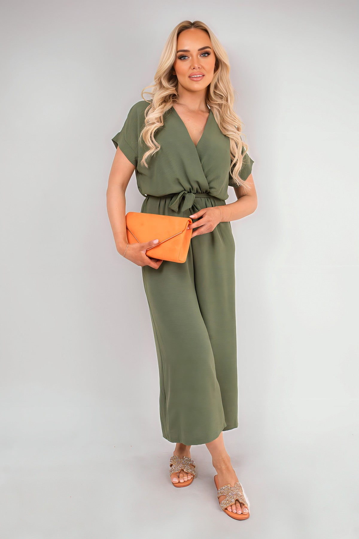 Nerina Wrap Short Sleeve Wide Leg Jumpsuit With Tie Waist - Khaki