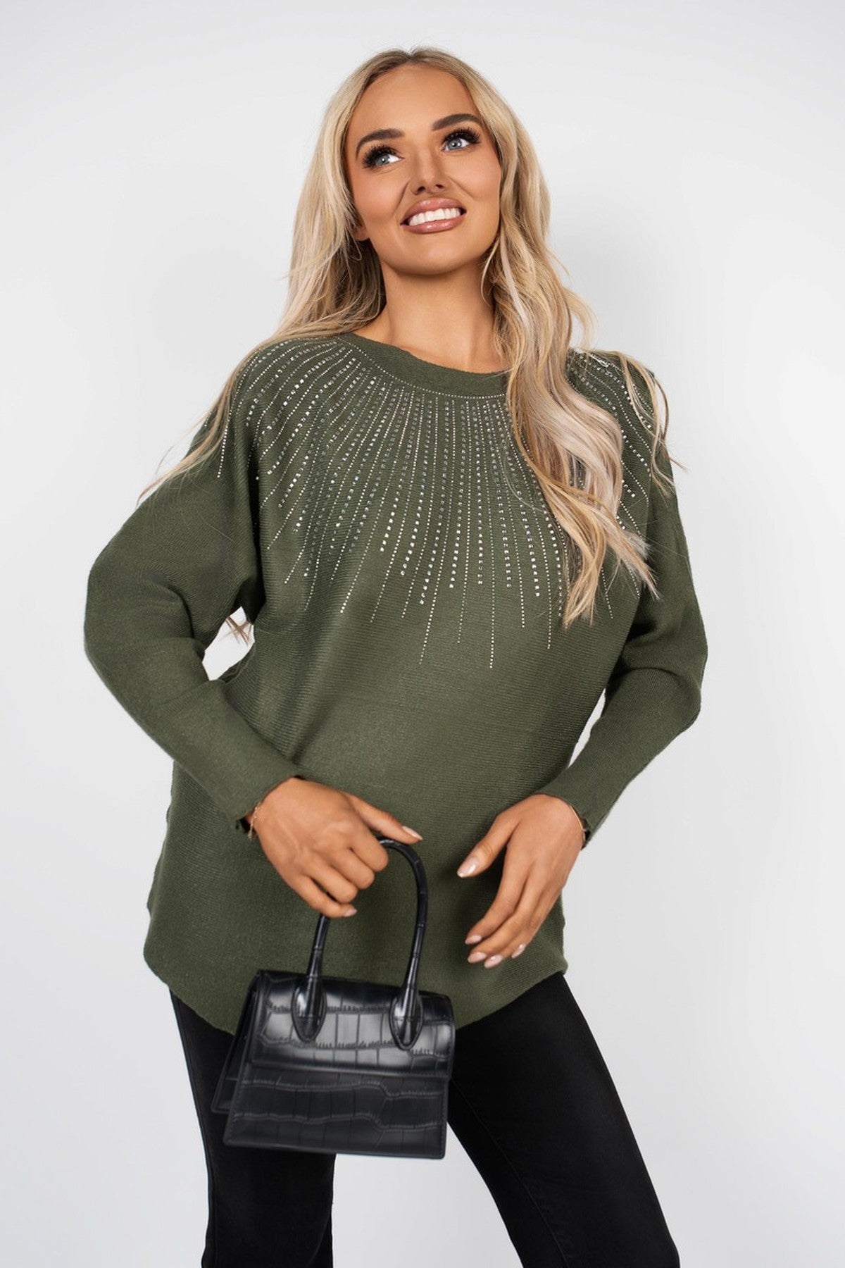 Haisley Long Sleeve Knitted Jumper With Embellished Neckline - Khaki