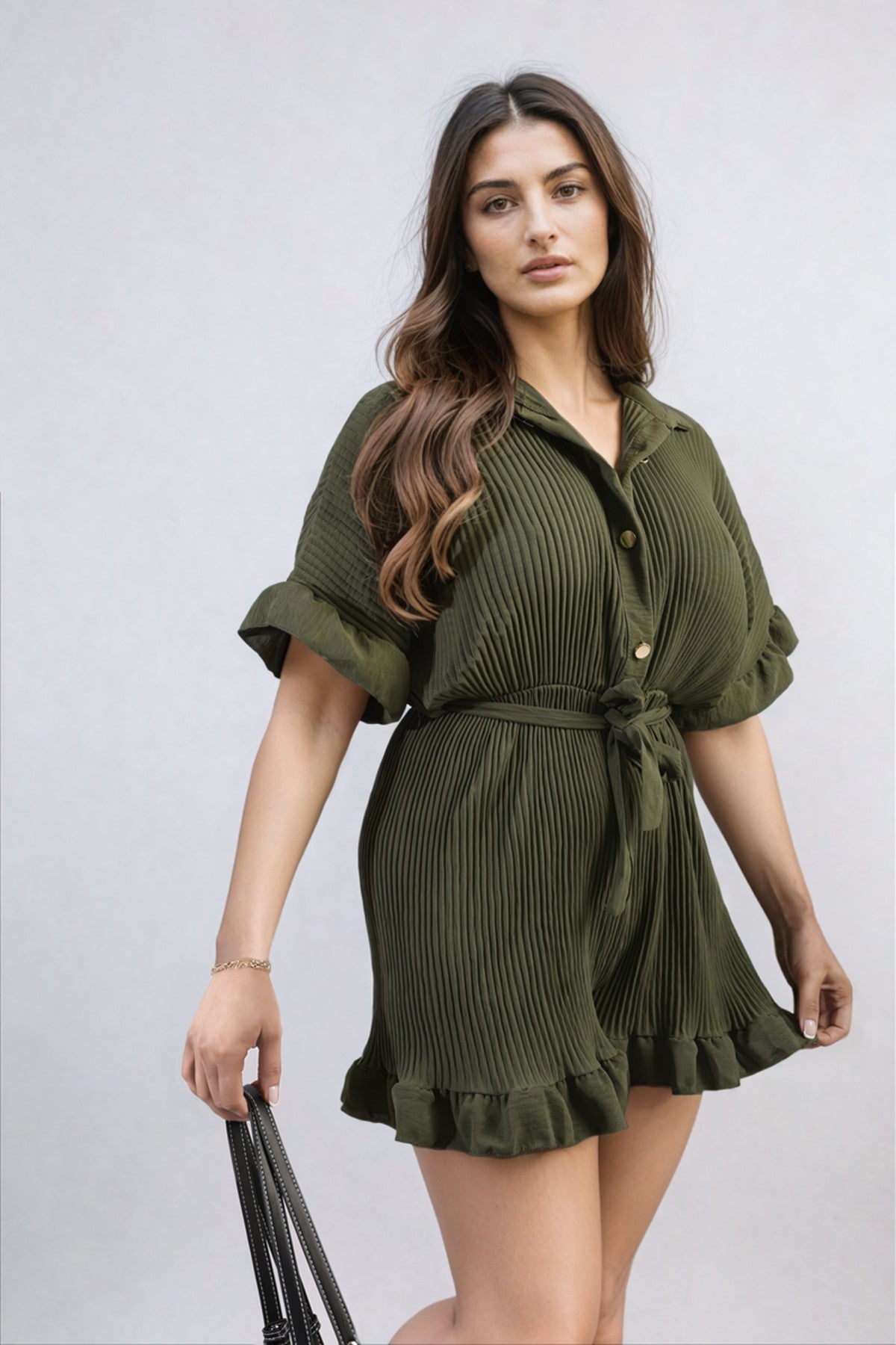 Marissa Pleated Frill Ruffle Tie Waist Playsuit - Khaki