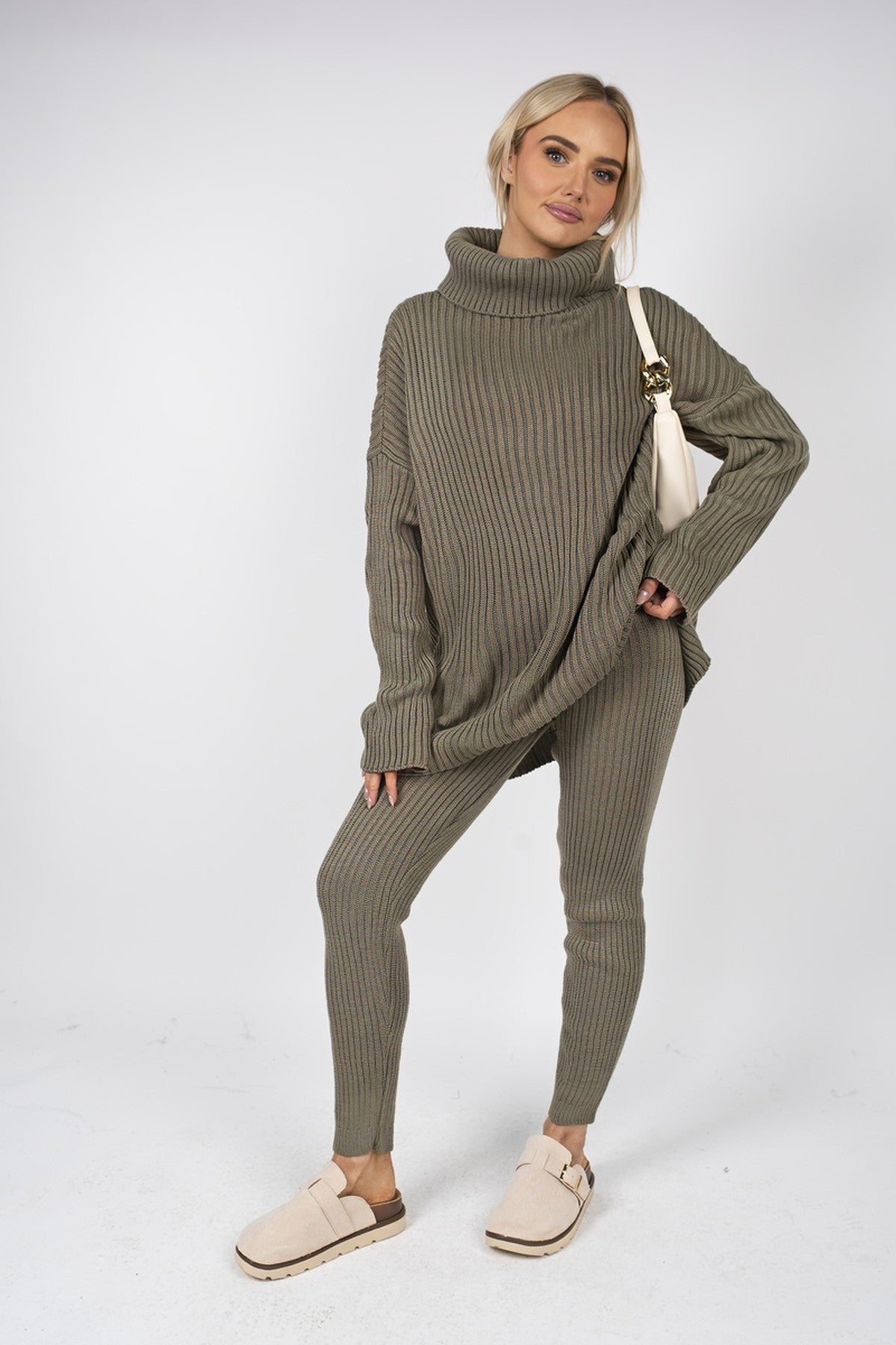 Mila Chunky Knitted High Roll Neck Top Bottom Co-ord Set - Khaki