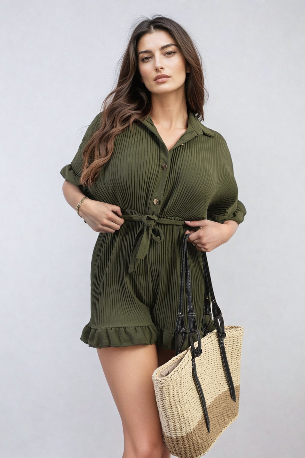 Marissa Pleated Frill Ruffle Tie Waist Playsuit - Khaki