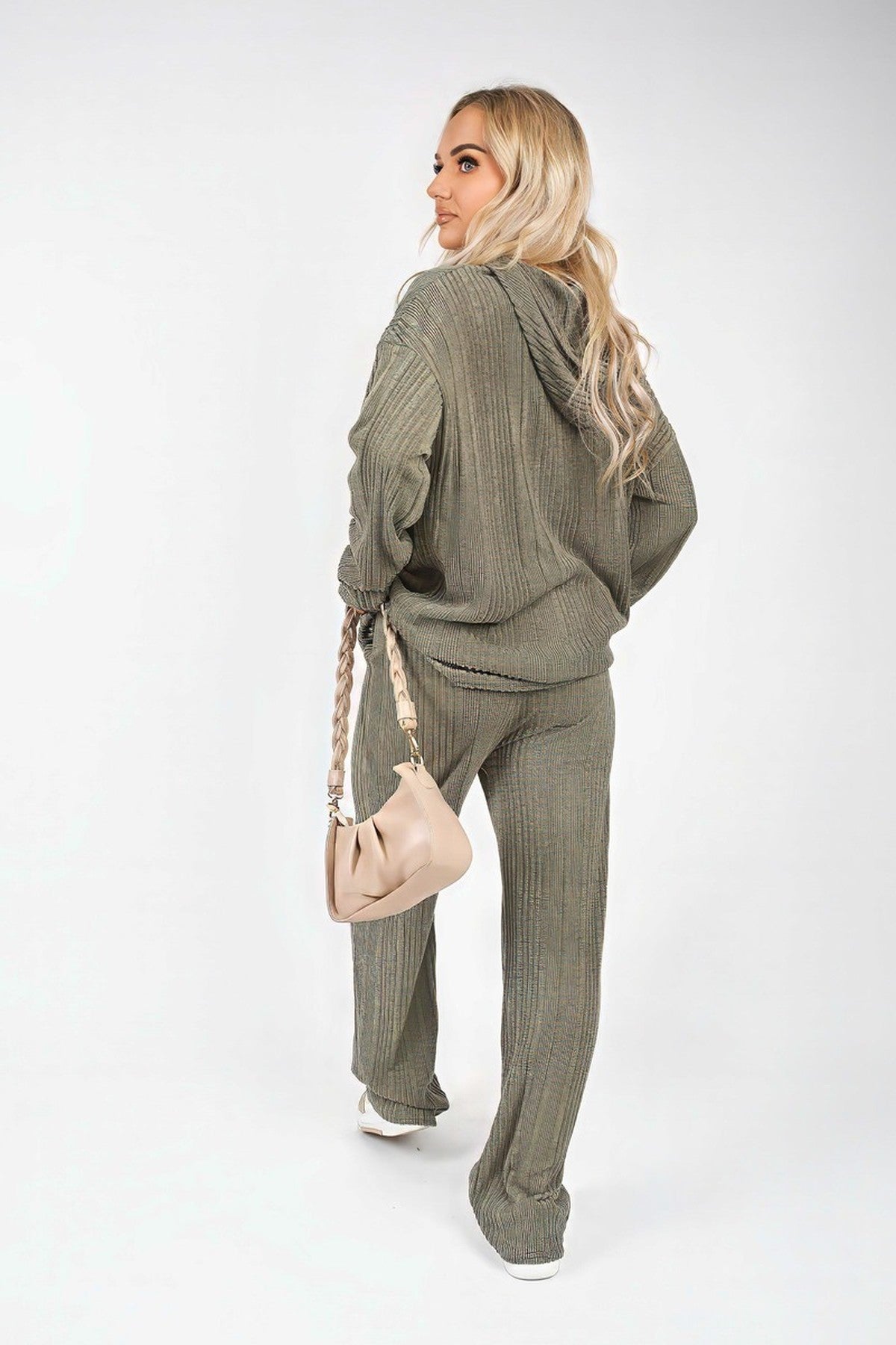 Zayana Hooded Ribbed Oversized Top And Wide Leg Lounge Co-ord Set - Khaki