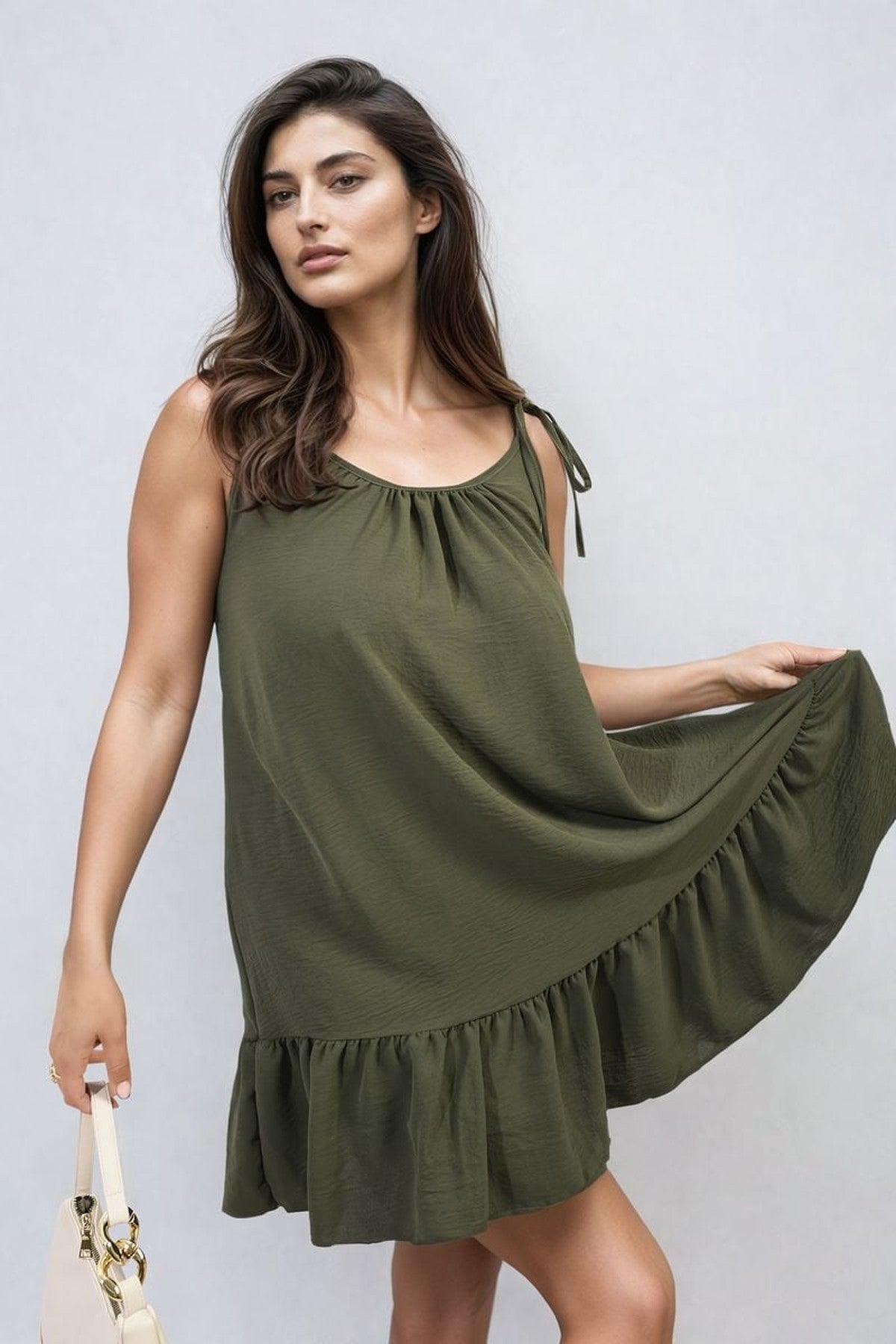 Faye Backless Tie-up Spaghetti Strap Frill Hem Mini Dress - Khaki
