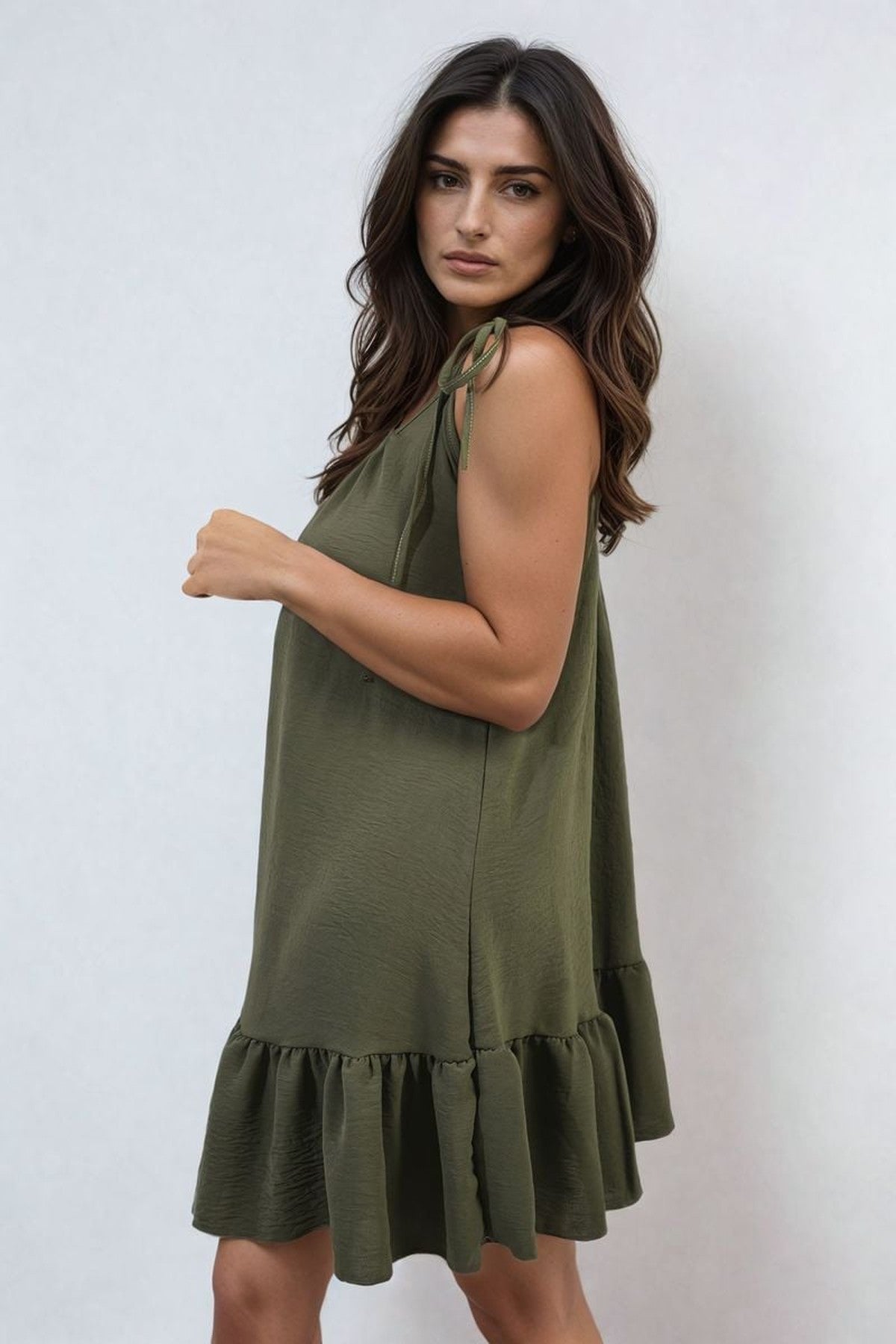 Faye Backless Tie-up Spaghetti Strap Frill Hem Mini Dress - Khaki