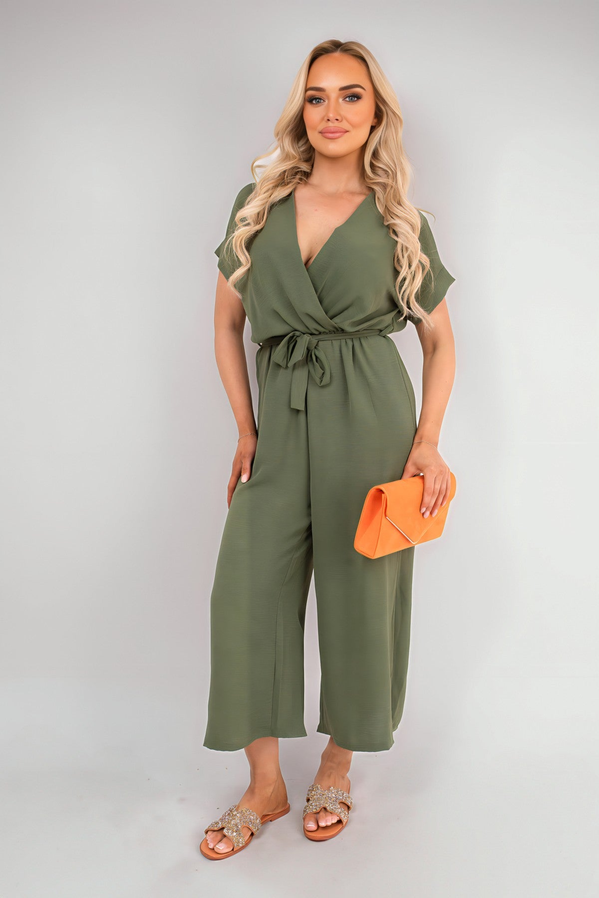 Nerina Wrap Short Sleeve Wide Leg Jumpsuit With Tie Waist - Khaki