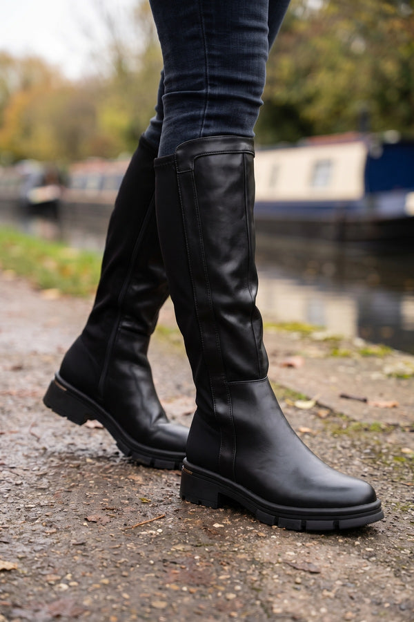 Malin Cleated Sole Knee High Riding Boots - Black PU