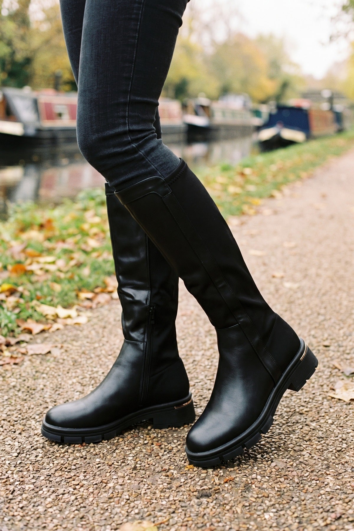 Malin Cleated Sole Knee High Riding Boots - Black PU
