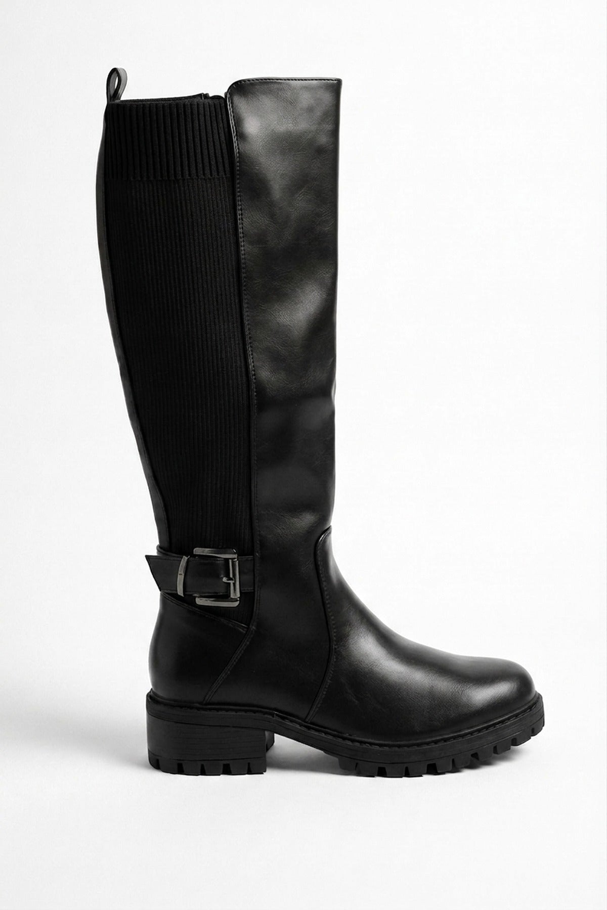 Cordelia Ribbed Panel Knee High Boots - Black