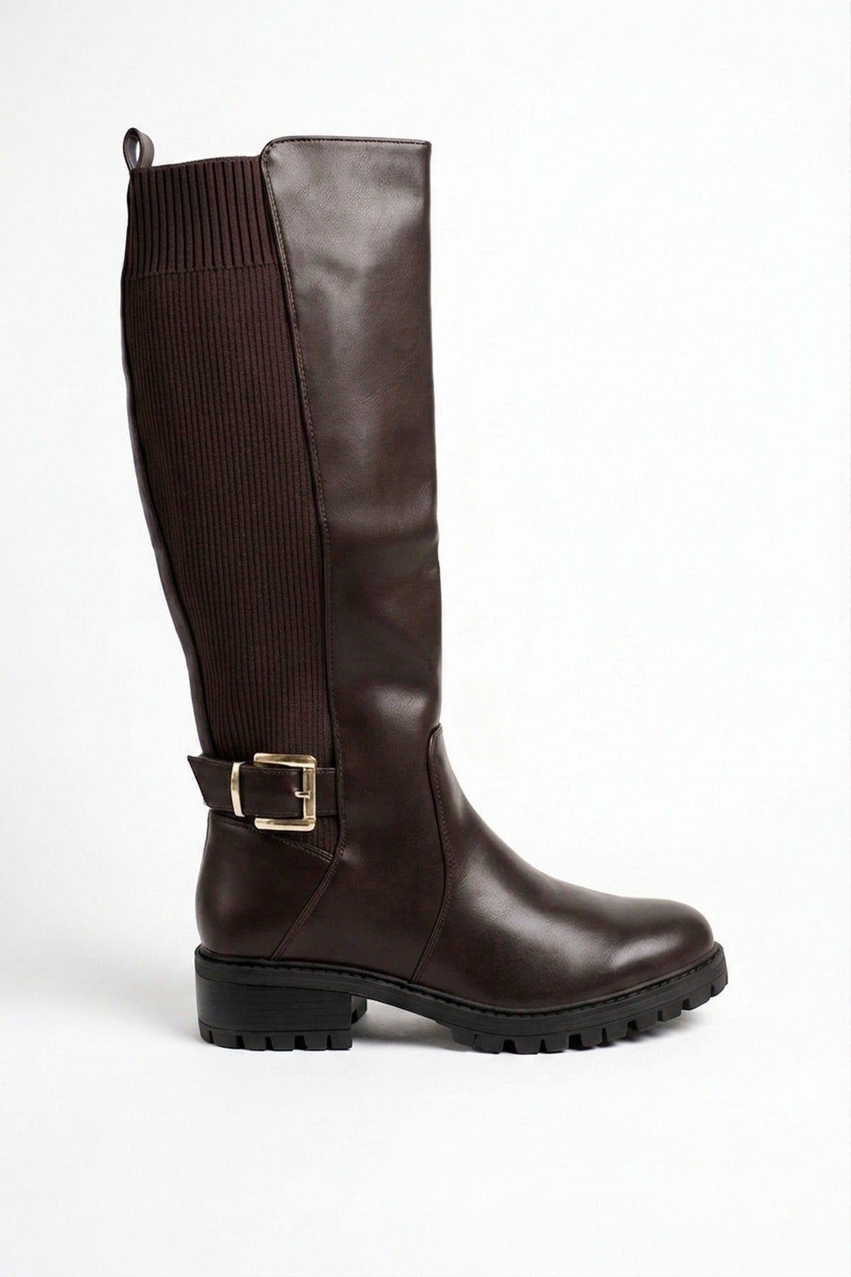 Cordelia Ribbed Panel Knee High Boots - Brown