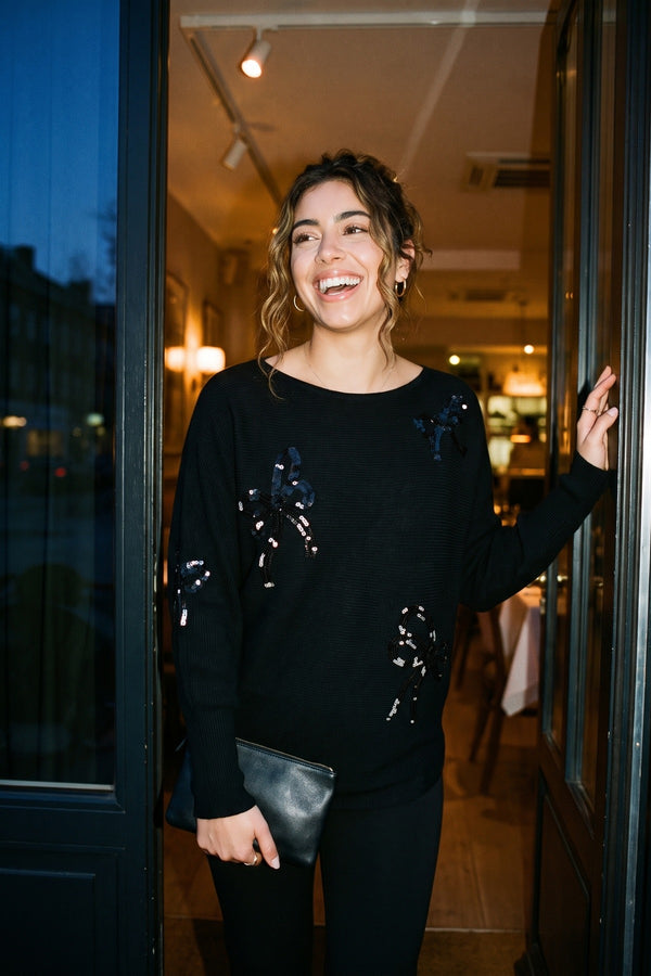 Marivelle Knitted Jumper With Sequin Bow Detail - Black