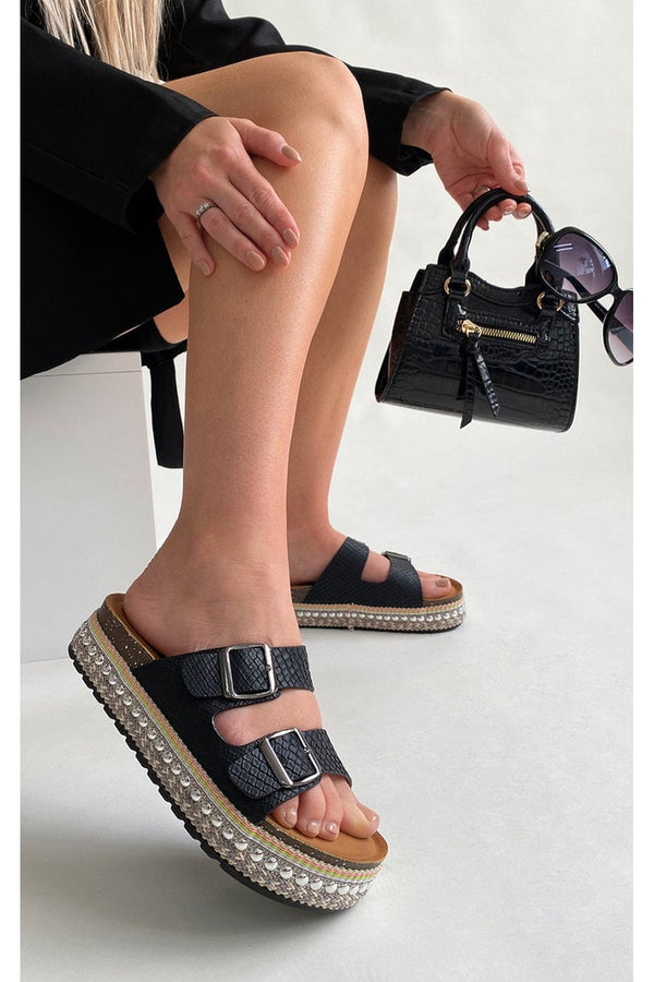 Kylie Embellished Buckle Sandals - Black