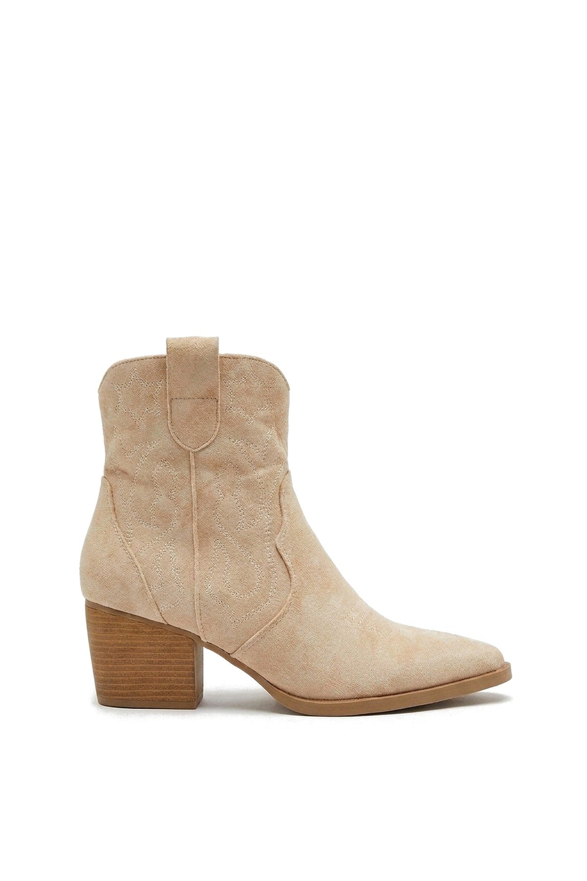 Laura Faux Suede Cowboy Ankle Length Boots - Beige
