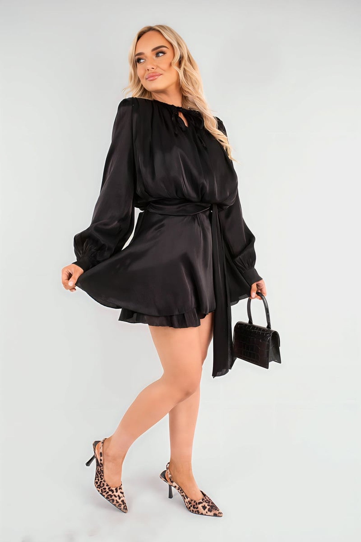 Laylani Satin Long Sleeve Ruffle Belted Mini Dress - Black