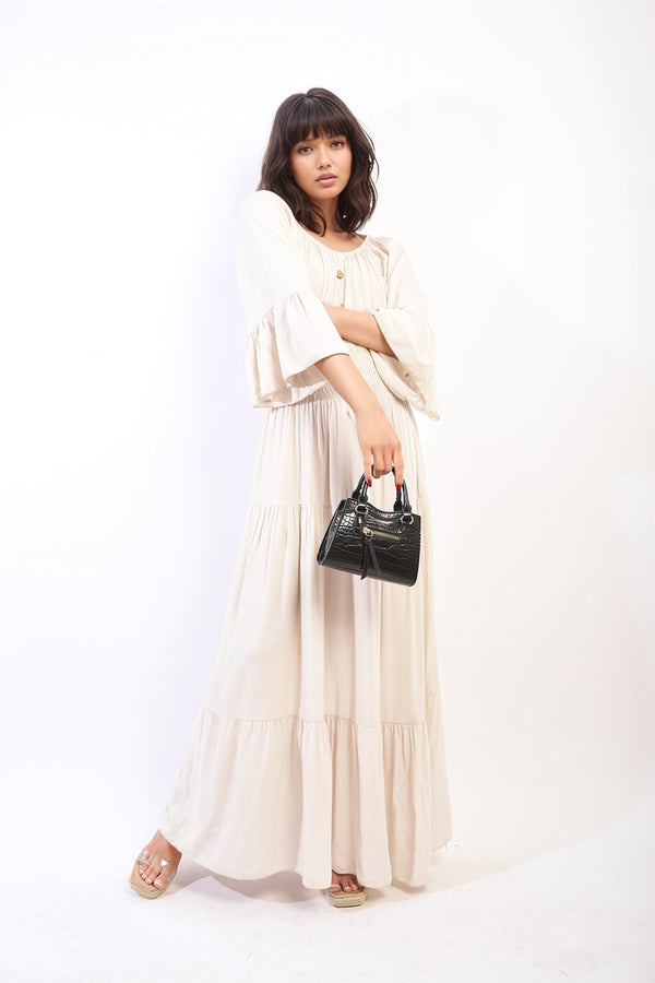 Leah Ruffle Hem Sleeve Shirred Waist Tiered Maxi Dress - Beige