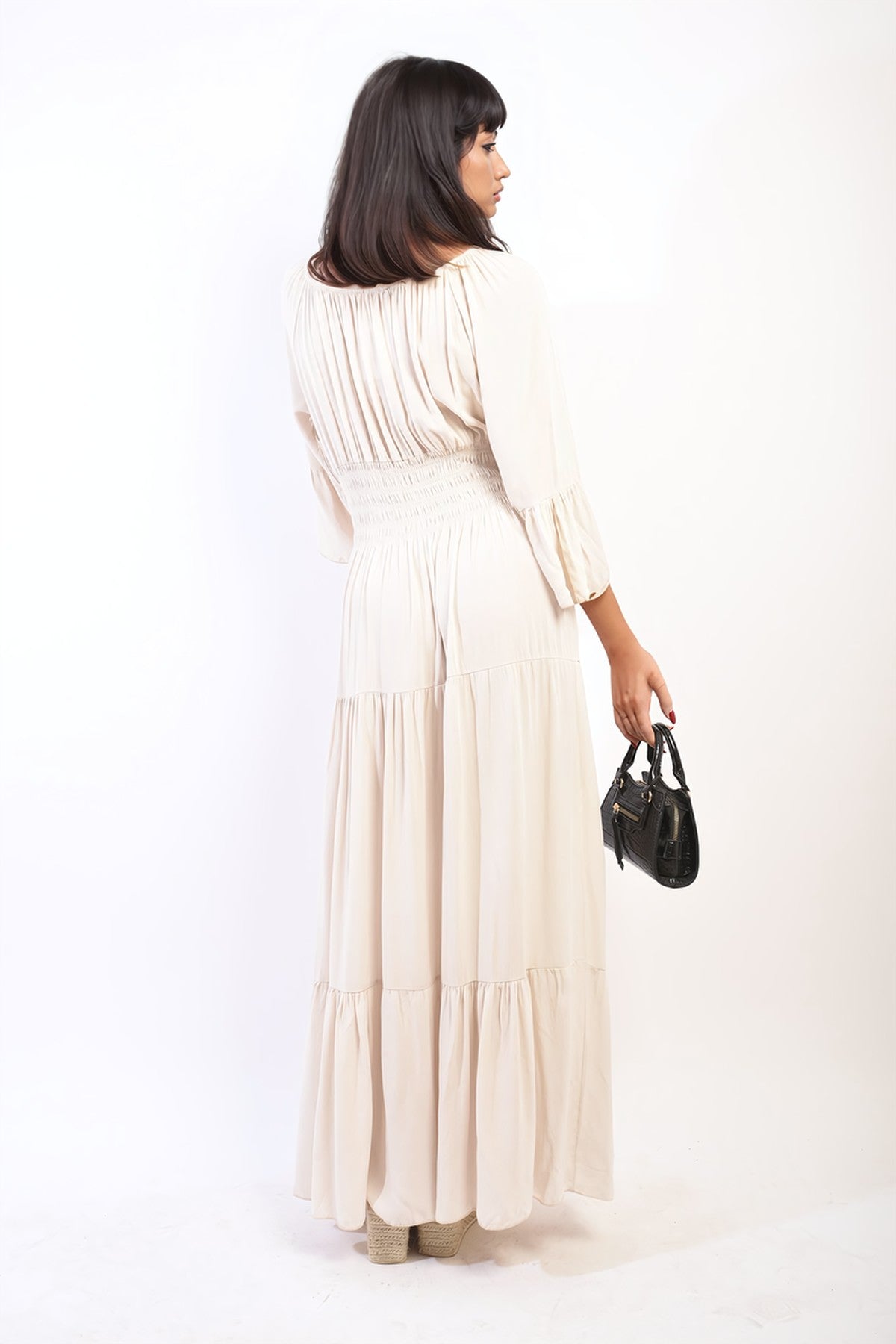Leah Ruffle Hem Sleeve Shirred Waist Tiered Maxi Dress - Beige