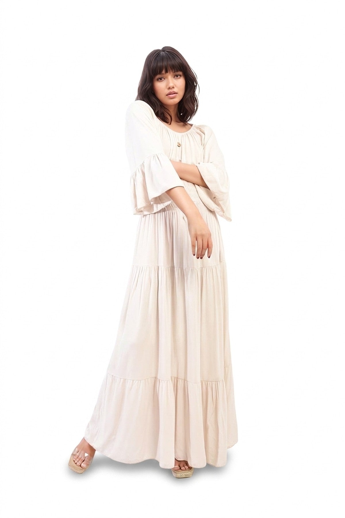 Leah Ruffle Hem Sleeve Shirred Waist Tiered Maxi Dress - Beige_wb